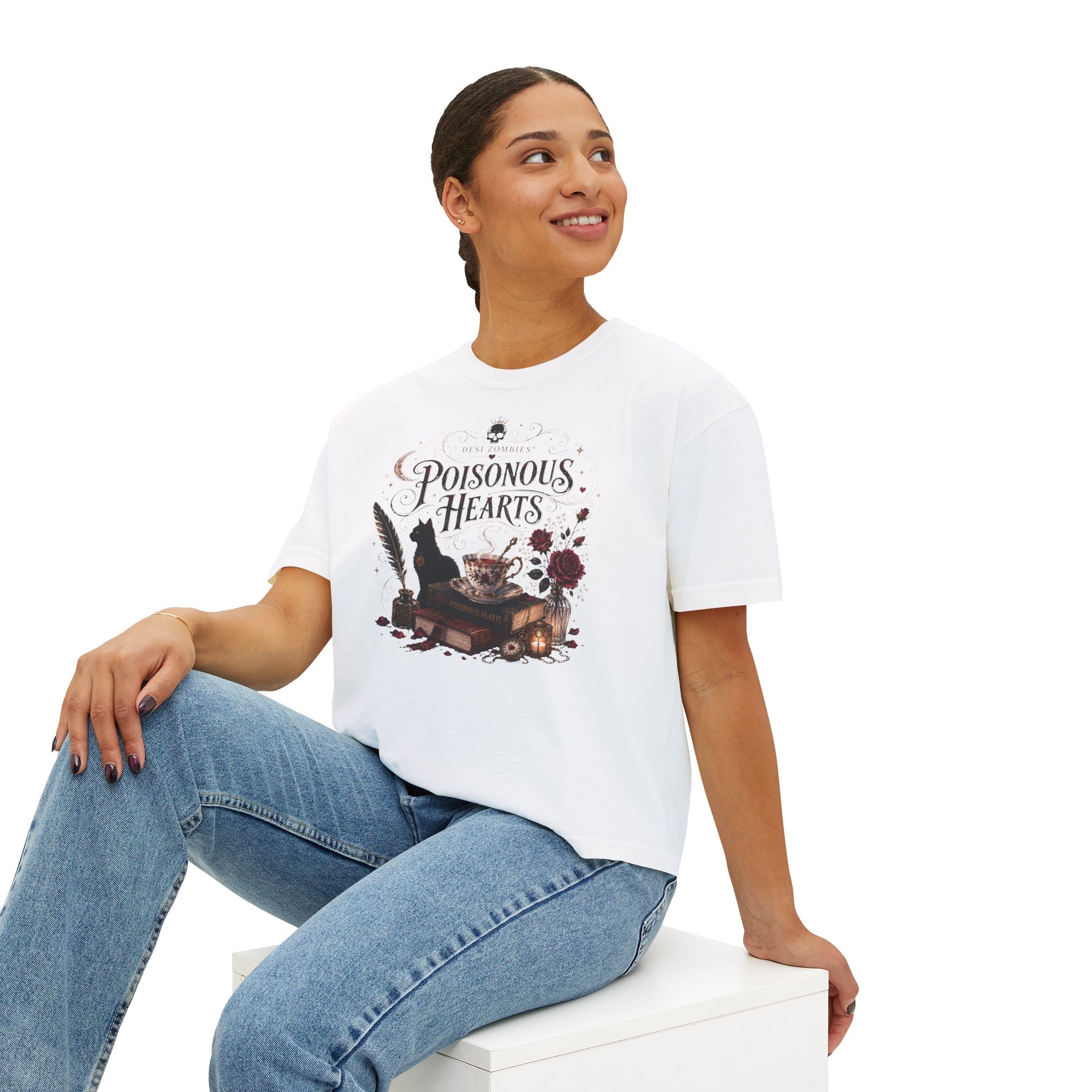 Poisonous Hearts Boxy Tee — Desi Zombies Gothic Cat & Spellbook Graphic