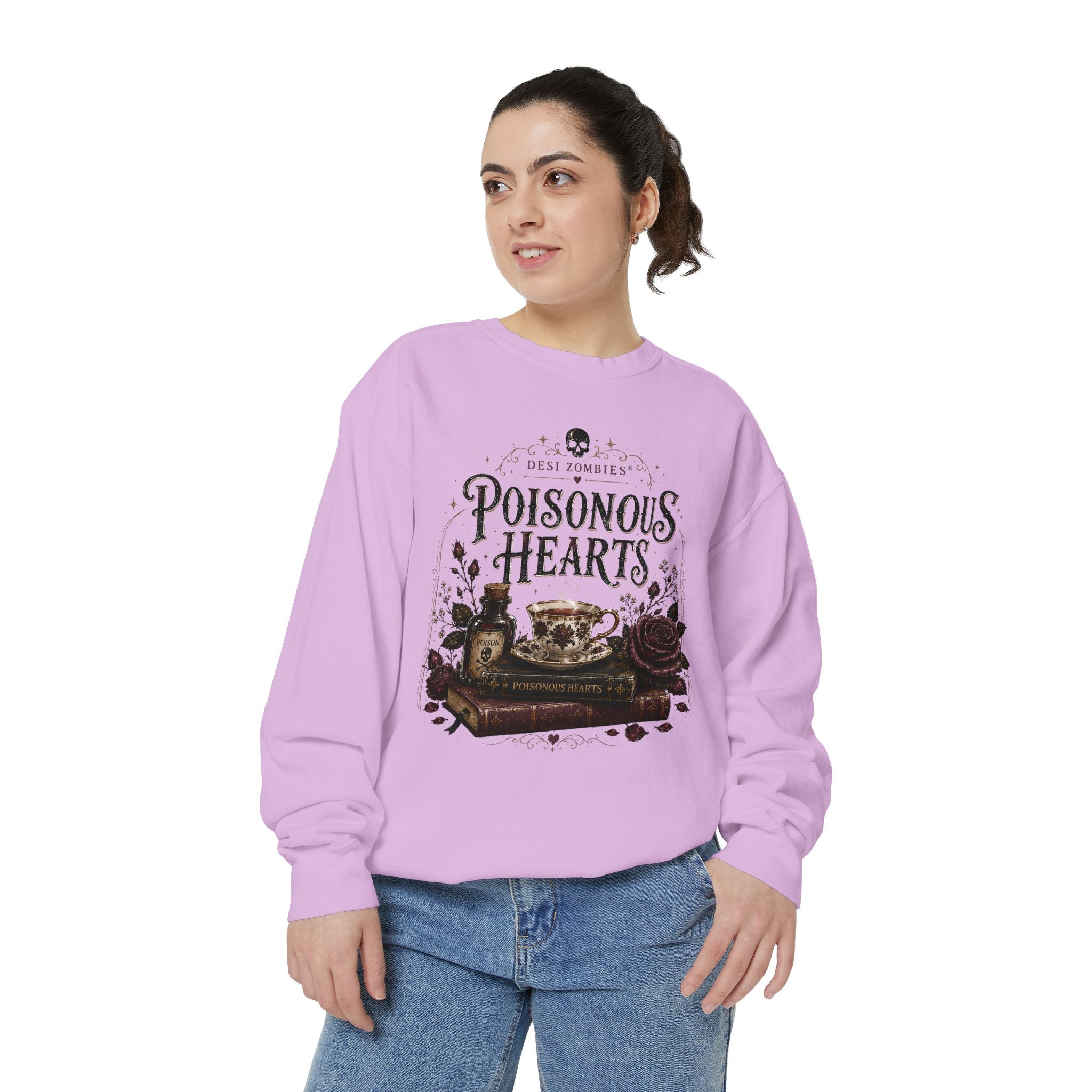 Poisonous Hearts Sweatshirt — Desi Zombies Gothic Rose Skull Book Graphic