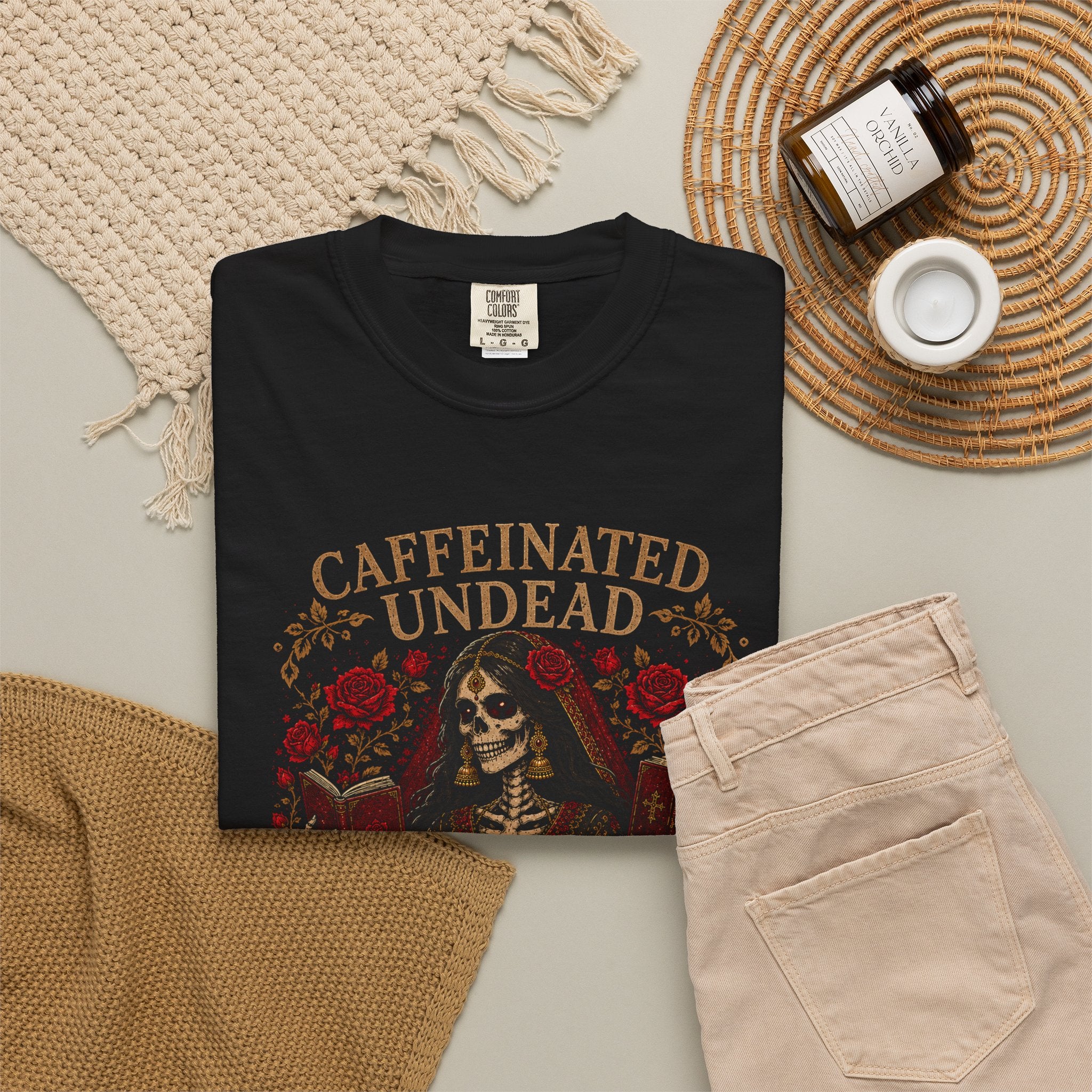 Desi Zombies® Caffeinated Undead & Book Obsessed Tee — Gothic Skeleton Reader T-Shirt