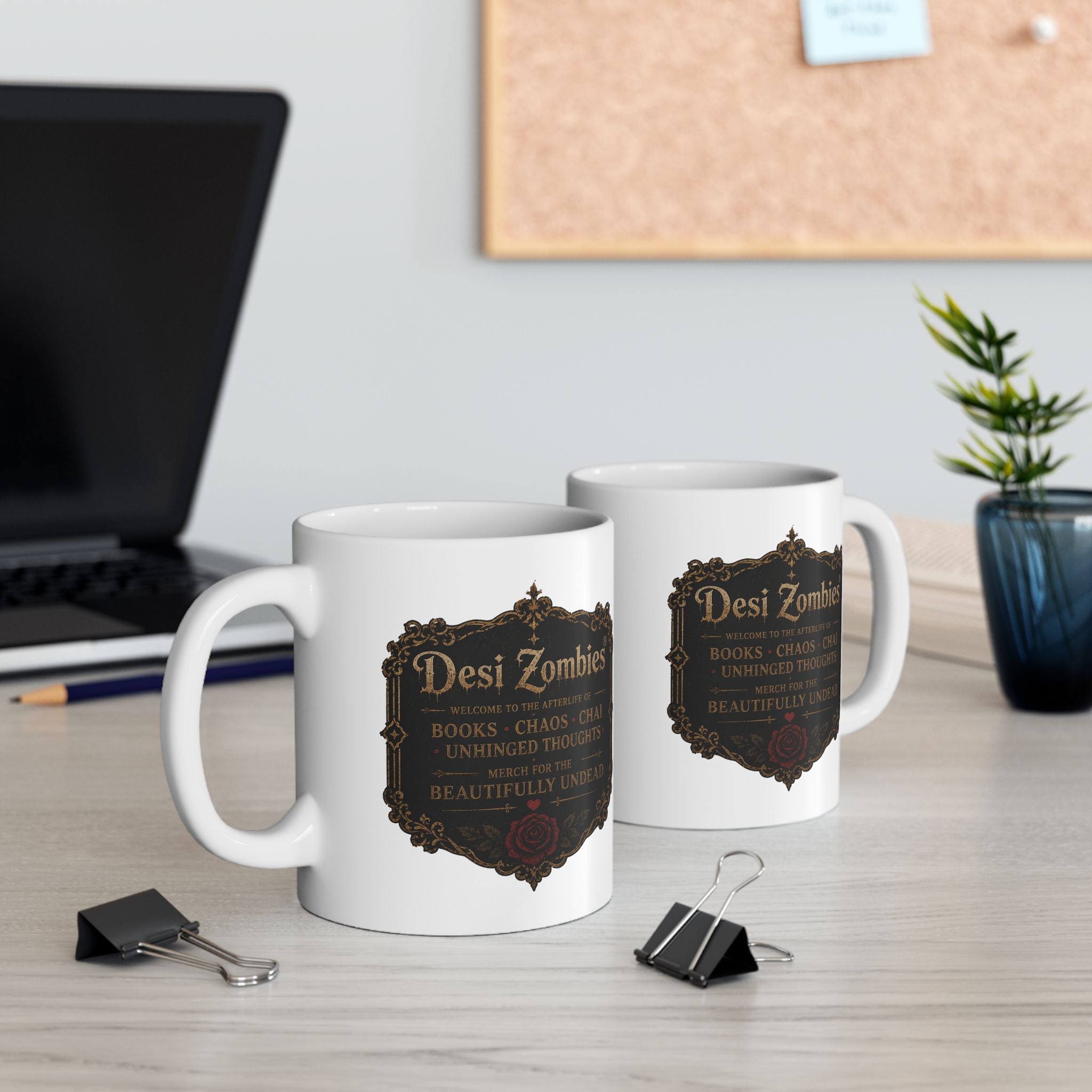 Desi Zombies® Coffee Mug — Vintage Antique Frame ‘Dark Things’ Gothic Tea Cup (11oz/15oz)
