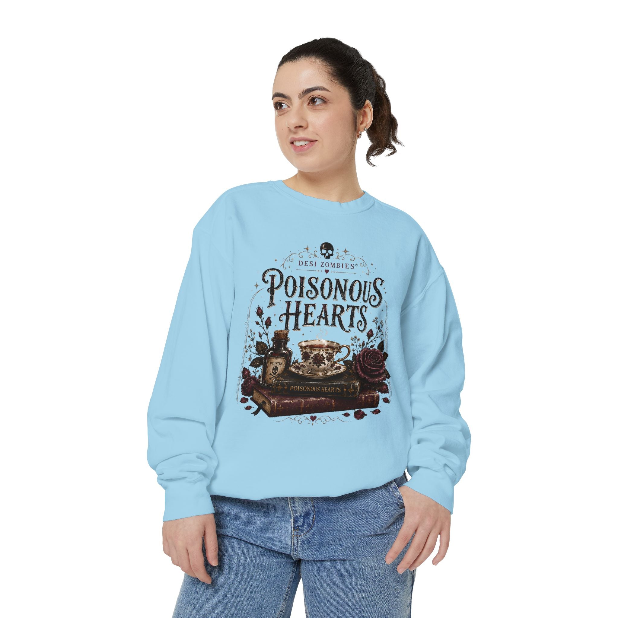 Poisonous Hearts Sweatshirt — Desi Zombies Gothic Rose Skull Book Graphic