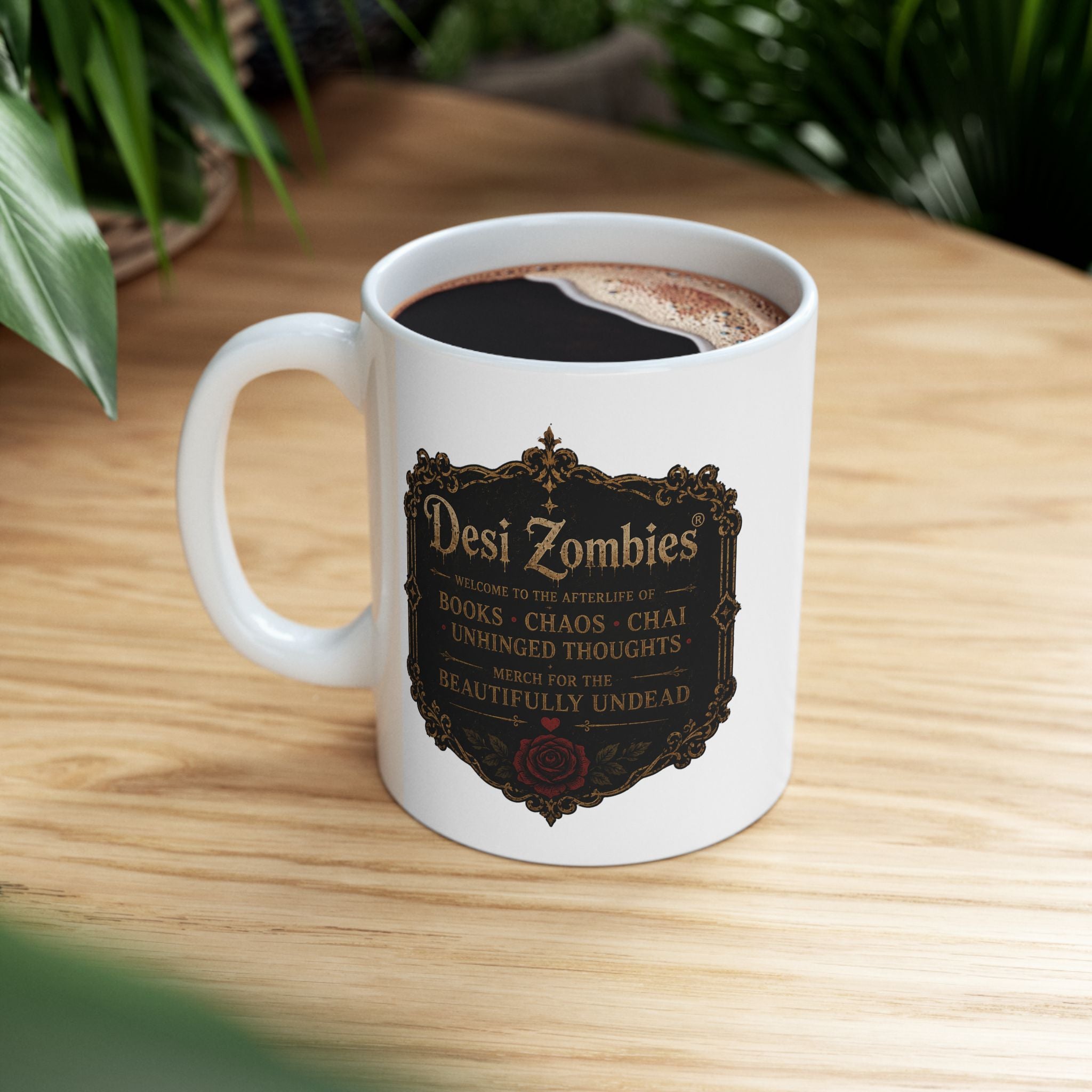 Desi Zombies® Coffee Mug — Vintage Antique Frame ‘Dark Things’ Gothic Tea Cup (11oz/15oz)