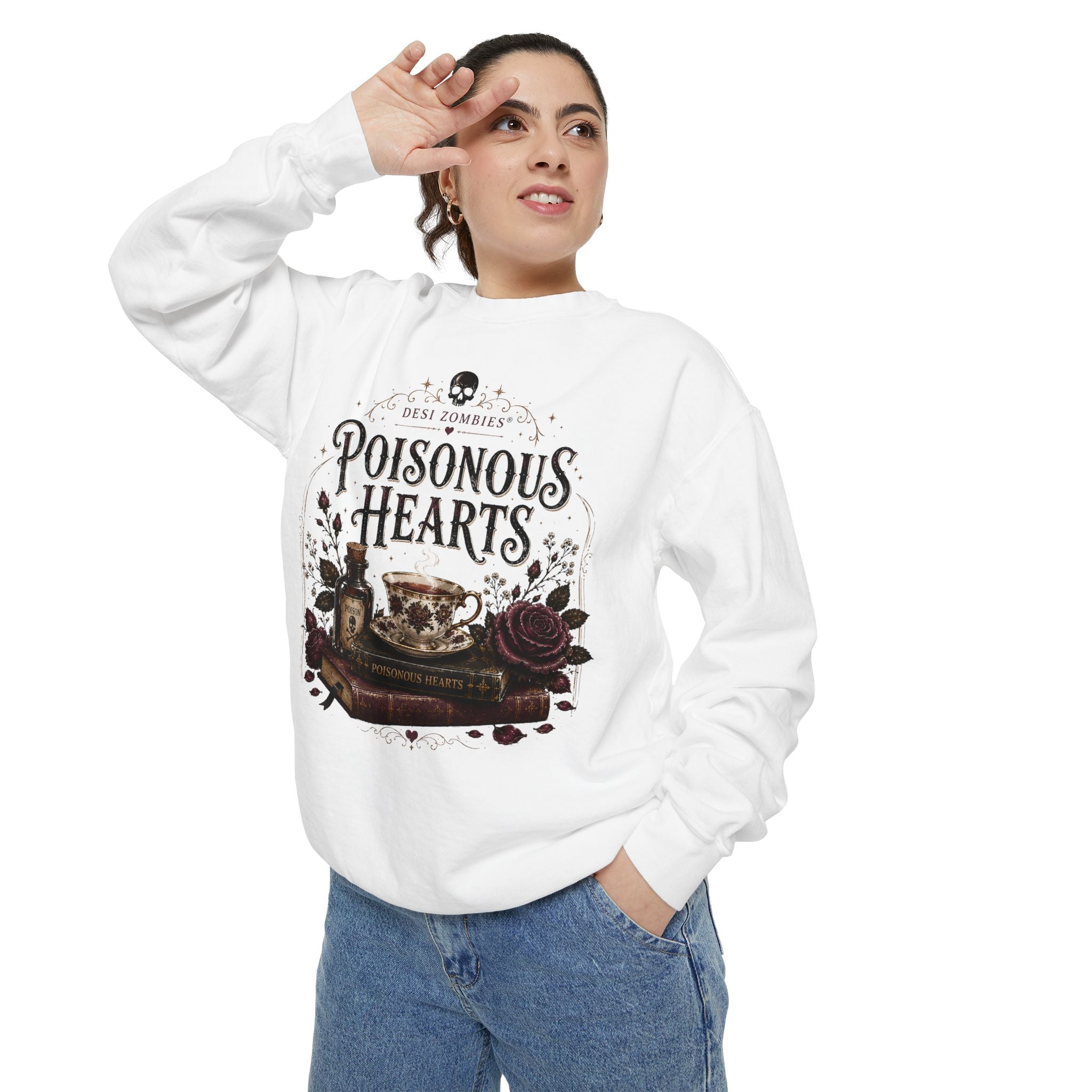 Poisonous Hearts Sweatshirt — Desi Zombies Gothic Rose Skull Book Graphic
