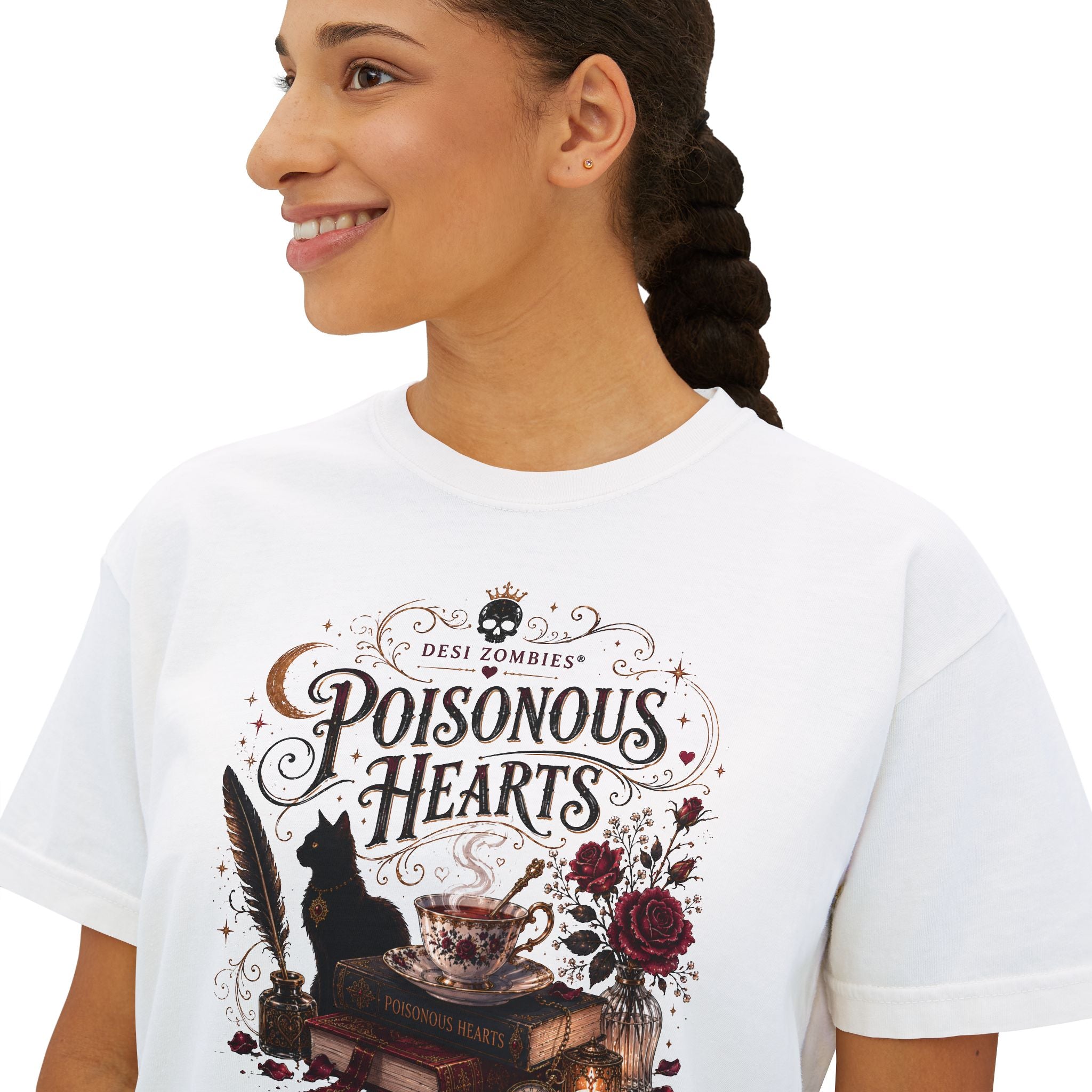 Poisonous Hearts Boxy Tee — Desi Zombies Gothic Cat & Spellbook Graphic