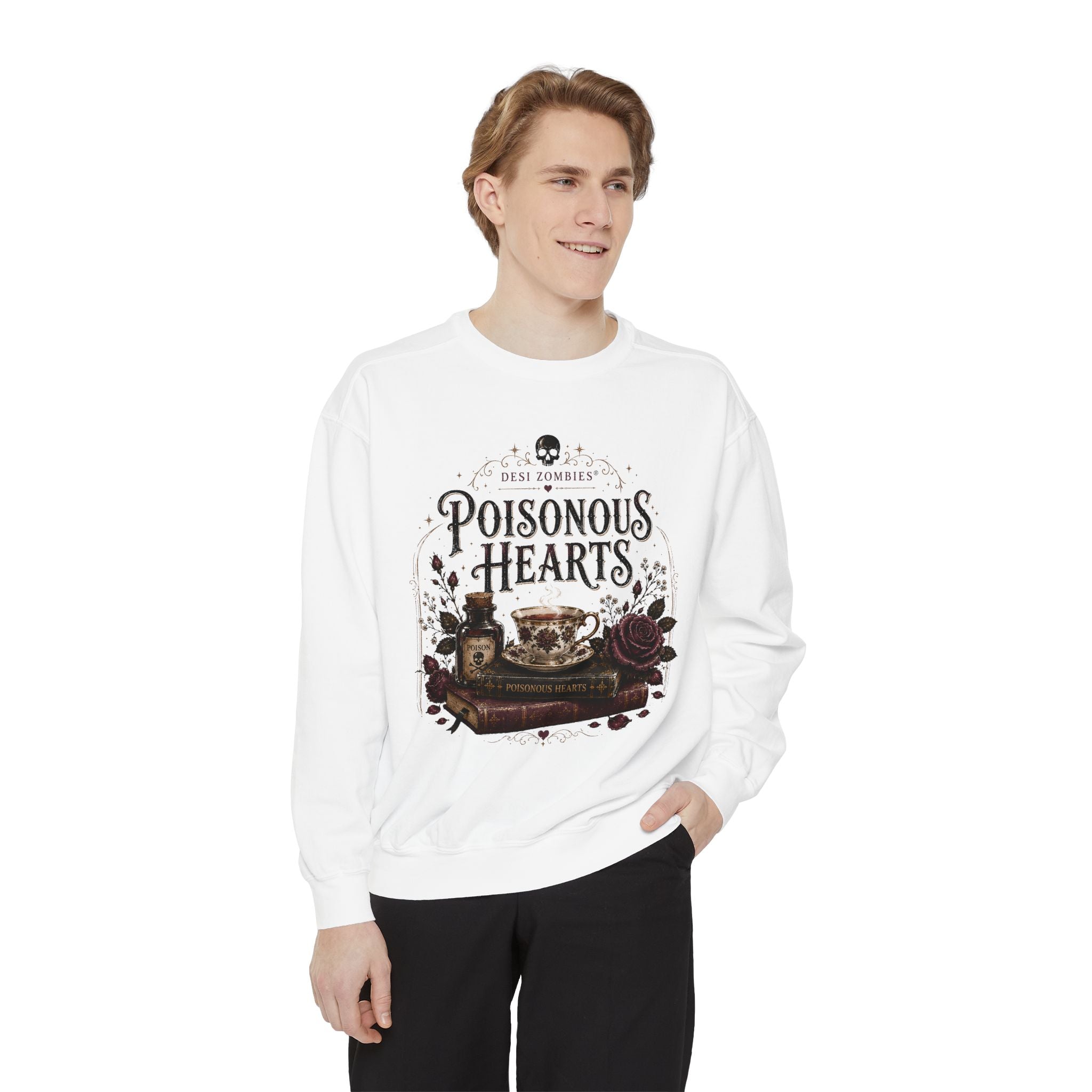 Poisonous Hearts Sweatshirt — Desi Zombies Gothic Rose Skull Book Graphic