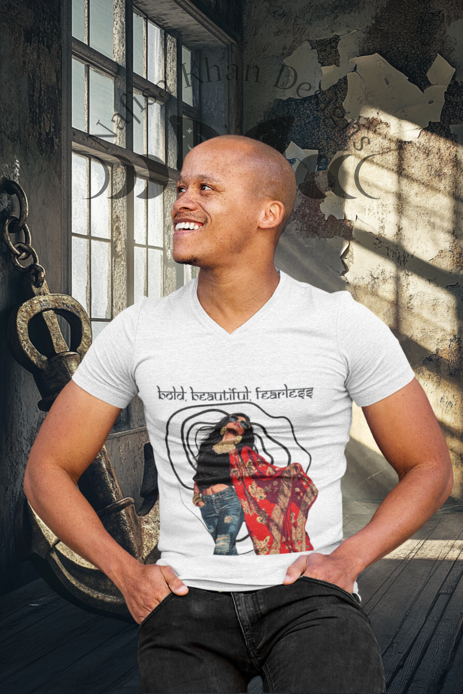 Bold, Beautiful, Fearless V-Neck T-Shirt – Wear Your Confidence featuring modern Desi fashion with a fusion of tradition and streetwear style.