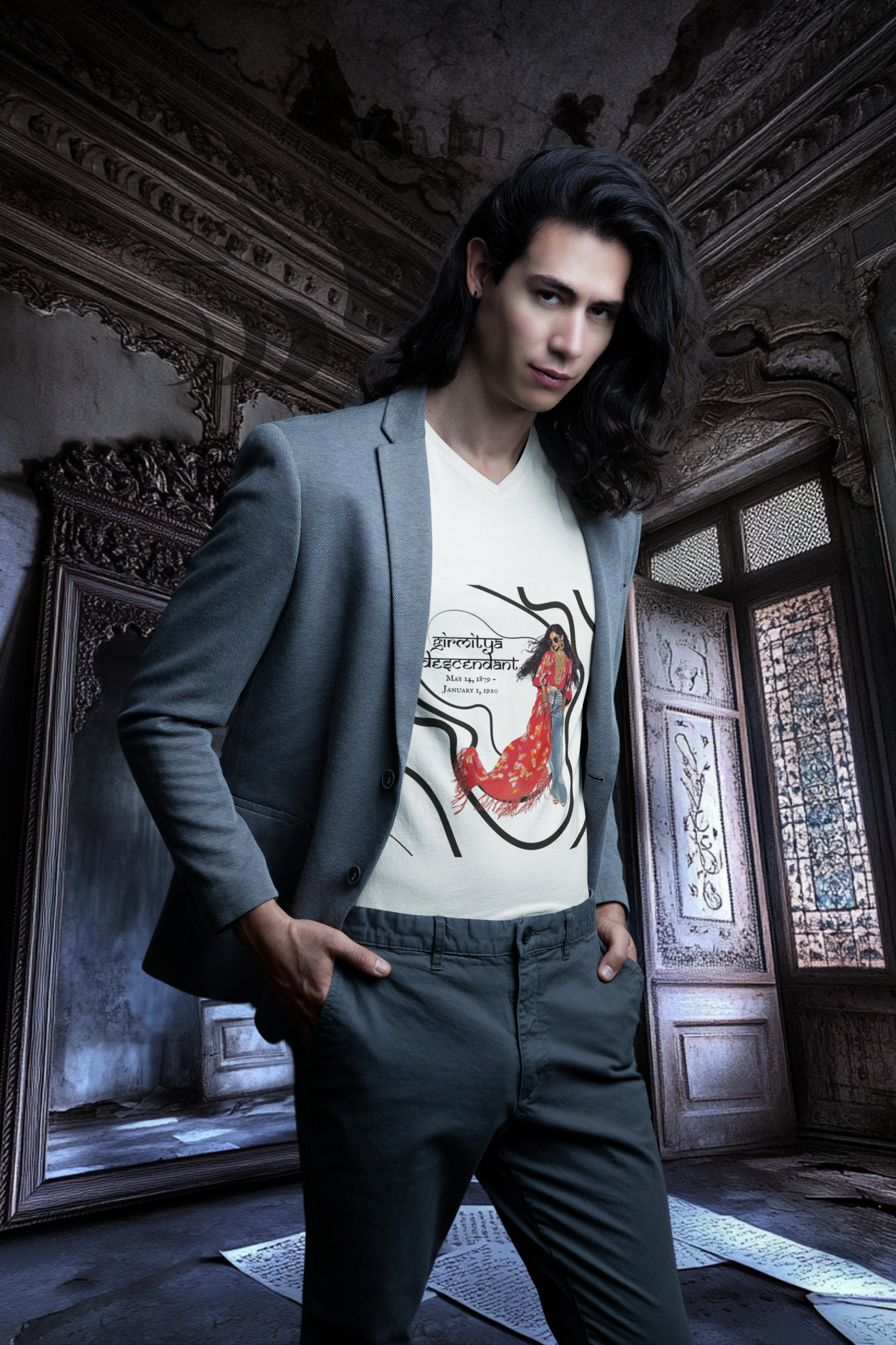 Girmitya Descendant V-Neck T-Shirt – Honor Your Heritage in Style featuring modern Desi fashion with a fusion of tradition and streetwear style.