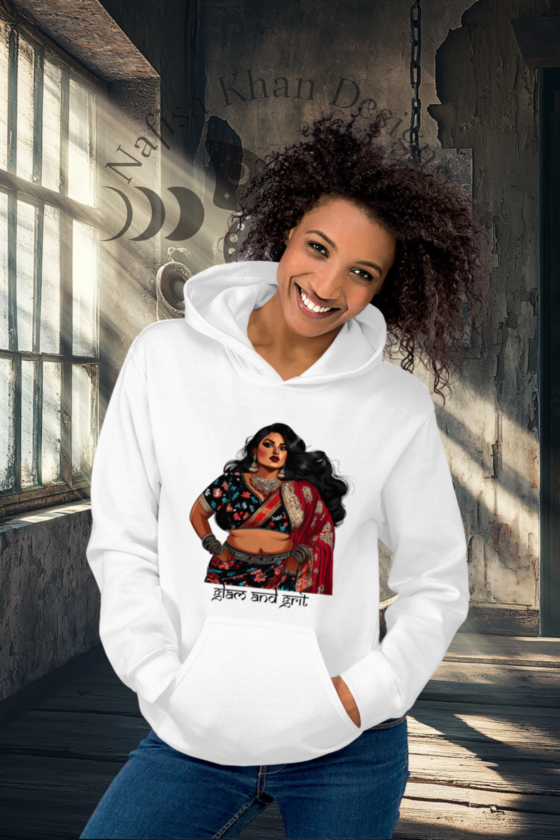 Glam and Grit Pullover Hoodie featuring modern Desi fashion with a fusion of tradition and streetwear style.