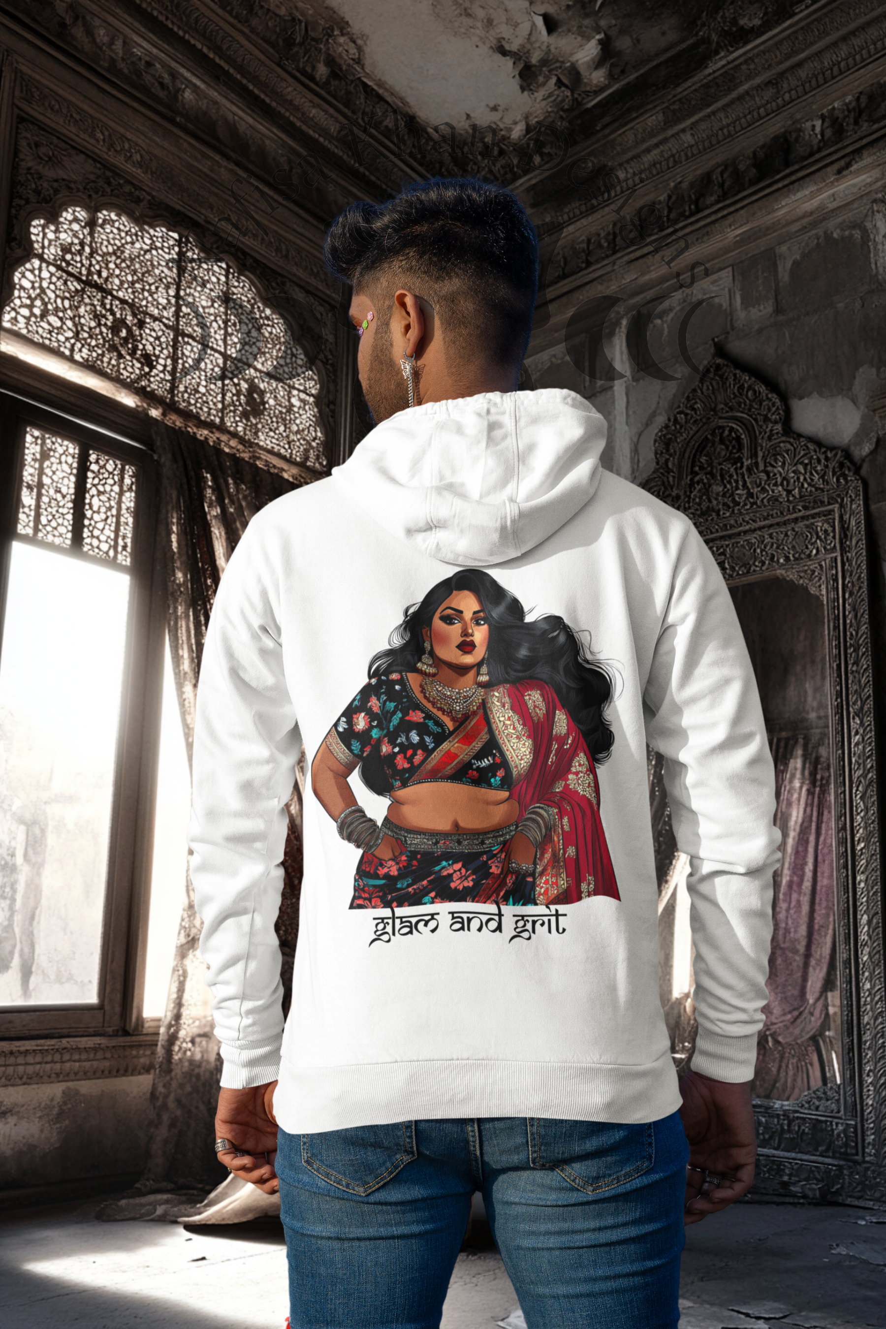 Glam and Grit Zip-Up Hoodie featuring modern Desi fashion with a fusion of tradition and streetwear style.