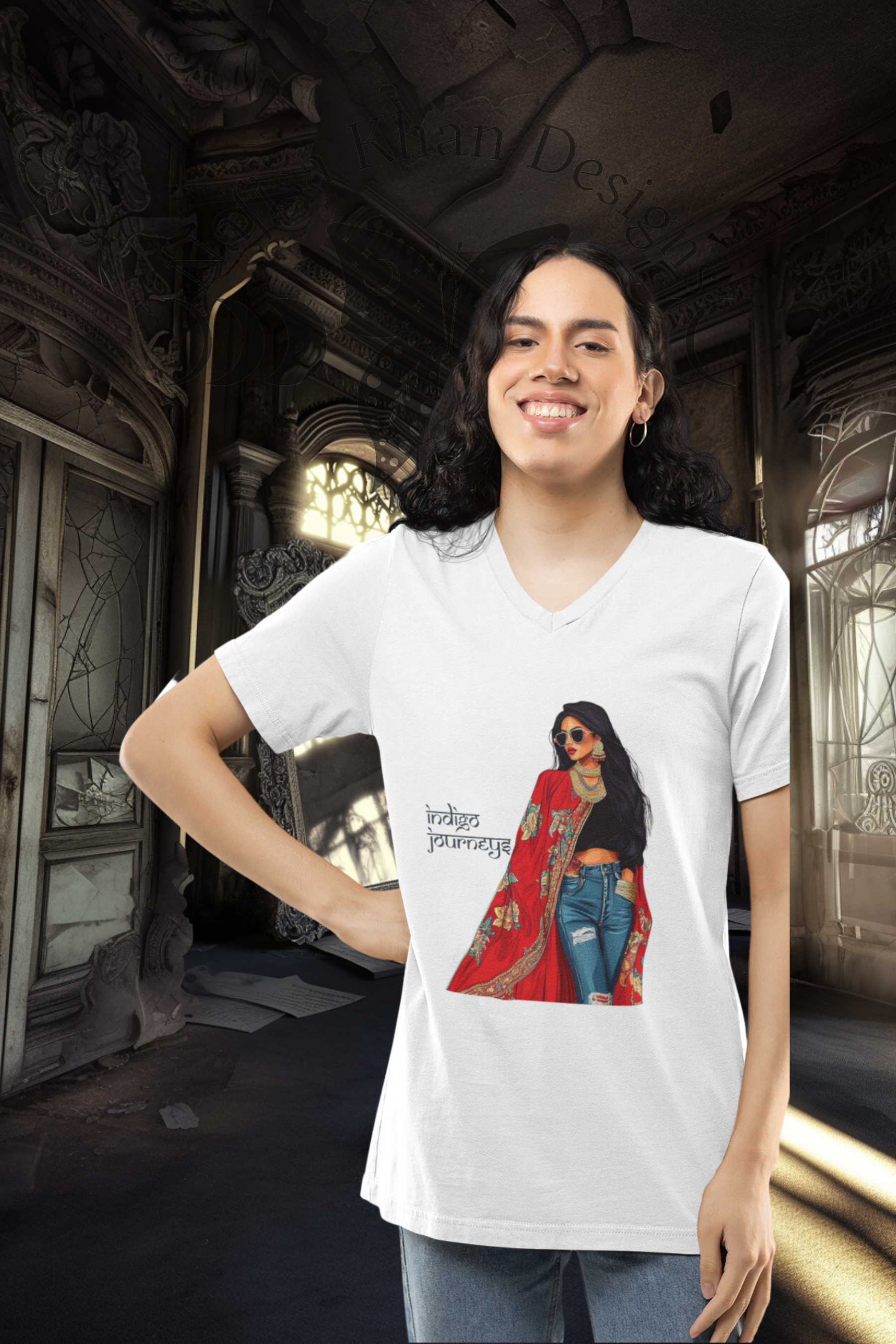 Indigo Journeys V-Neck T-Shirt – A Tribute to Resilience & Heritage featuring modern Desi fashion with a fusion of tradition and streetwear style.
