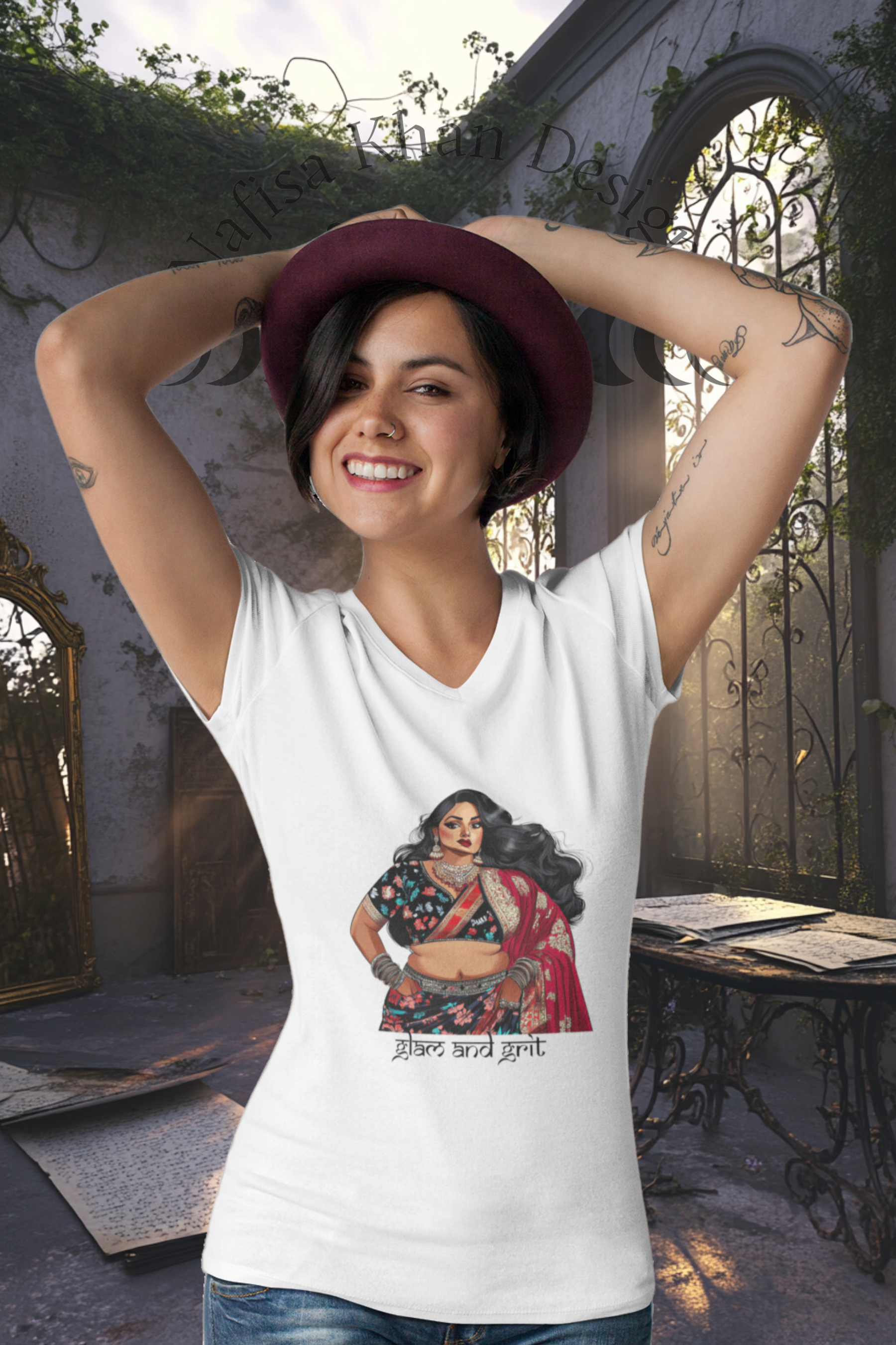 Glam and Grit V-Neck Tee – Celebrating Desi Beauty