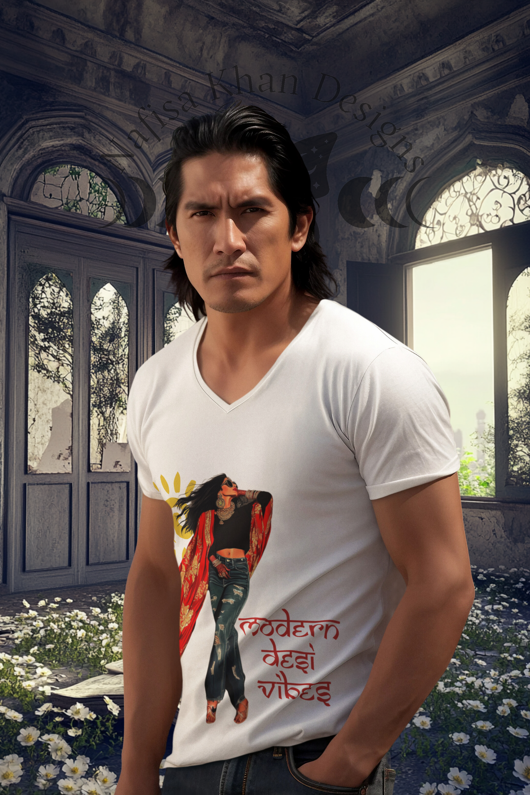 Modern Desi Vibes V-Neck T-Shirt – Where Heritage Meets Modern Style featuring modern Desi fashion with a fusion of tradition and streetwear style.