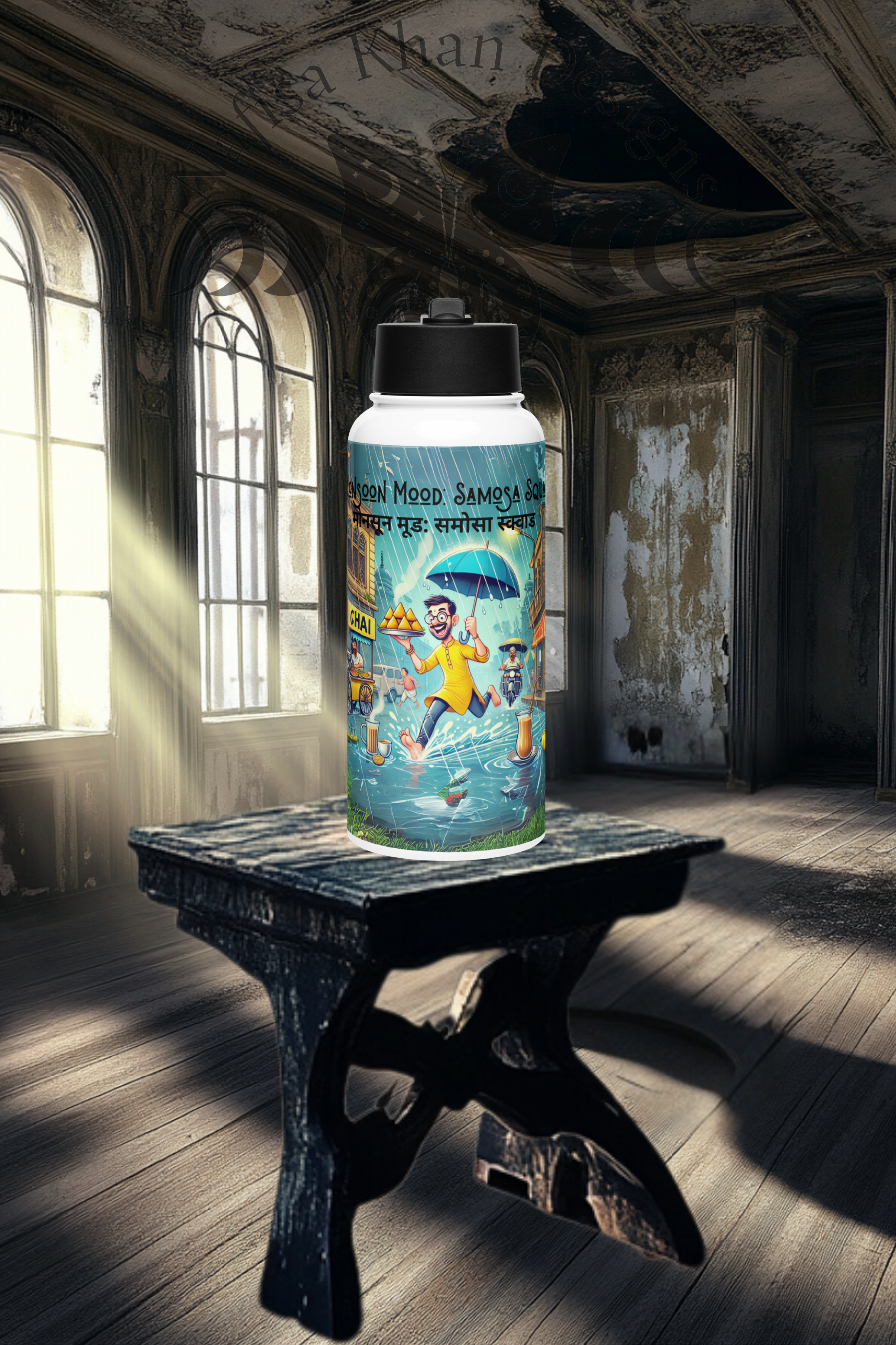 Monsoon Mood: Samosa Squad Water Bottle – Hydration with a Nostalgic Twist! featuring modern Desi fashion with a fusion of tradition and streetwear style.