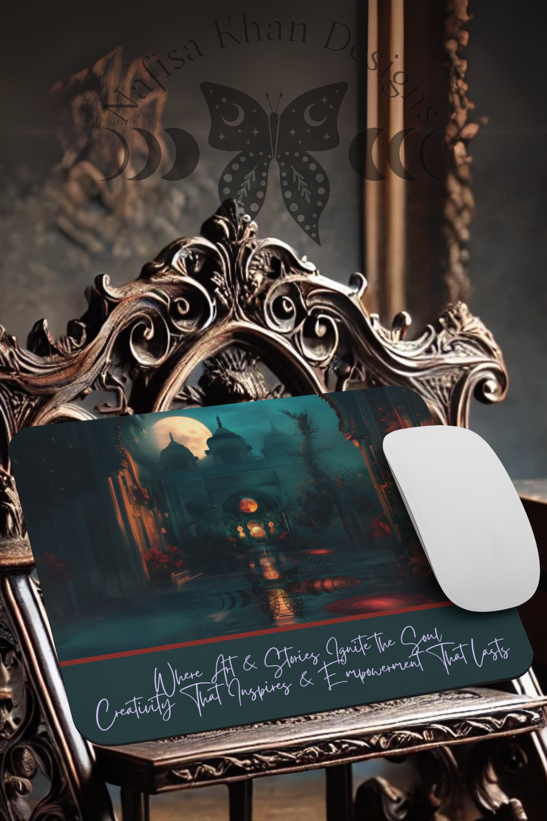 Nafisa Khan Designs - Mystical Moonlit Courtyard Mouse Pad featuring modern Desi fashion with a fusion of tradition and streetwear style.