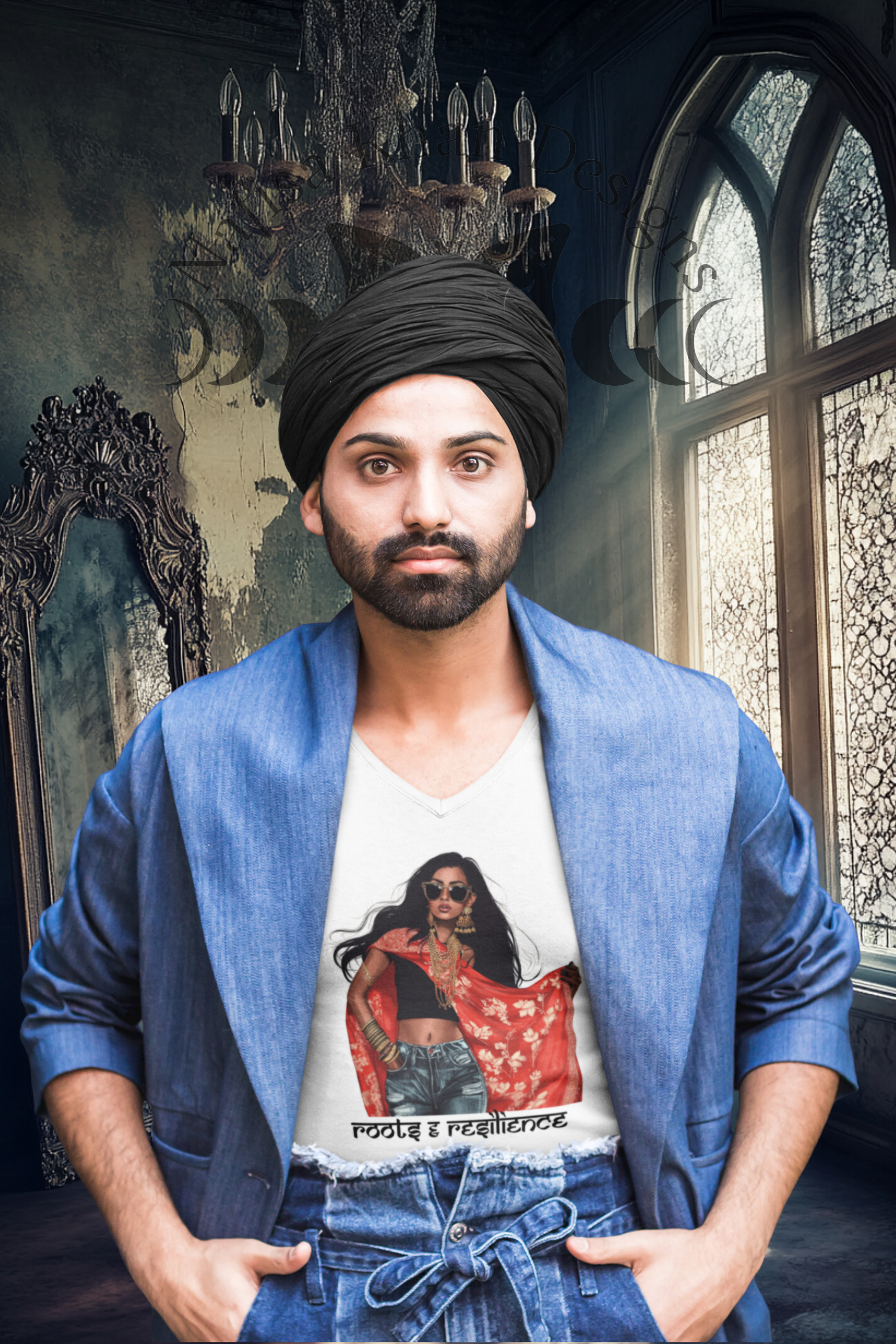 Roots and Resilience V-Neck T-Shirt featuring modern Desi fashion with a fusion of tradition and streetwear style.