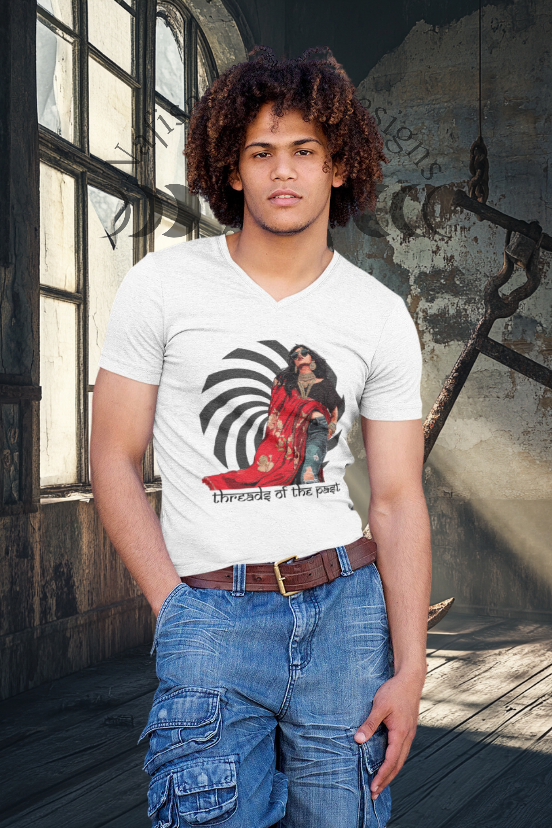 Threads of the Past V-Neck T-Shirt – Where Tradition Meets Modern Edge featuring modern Desi fashion with a fusion of tradition and streetwear style.