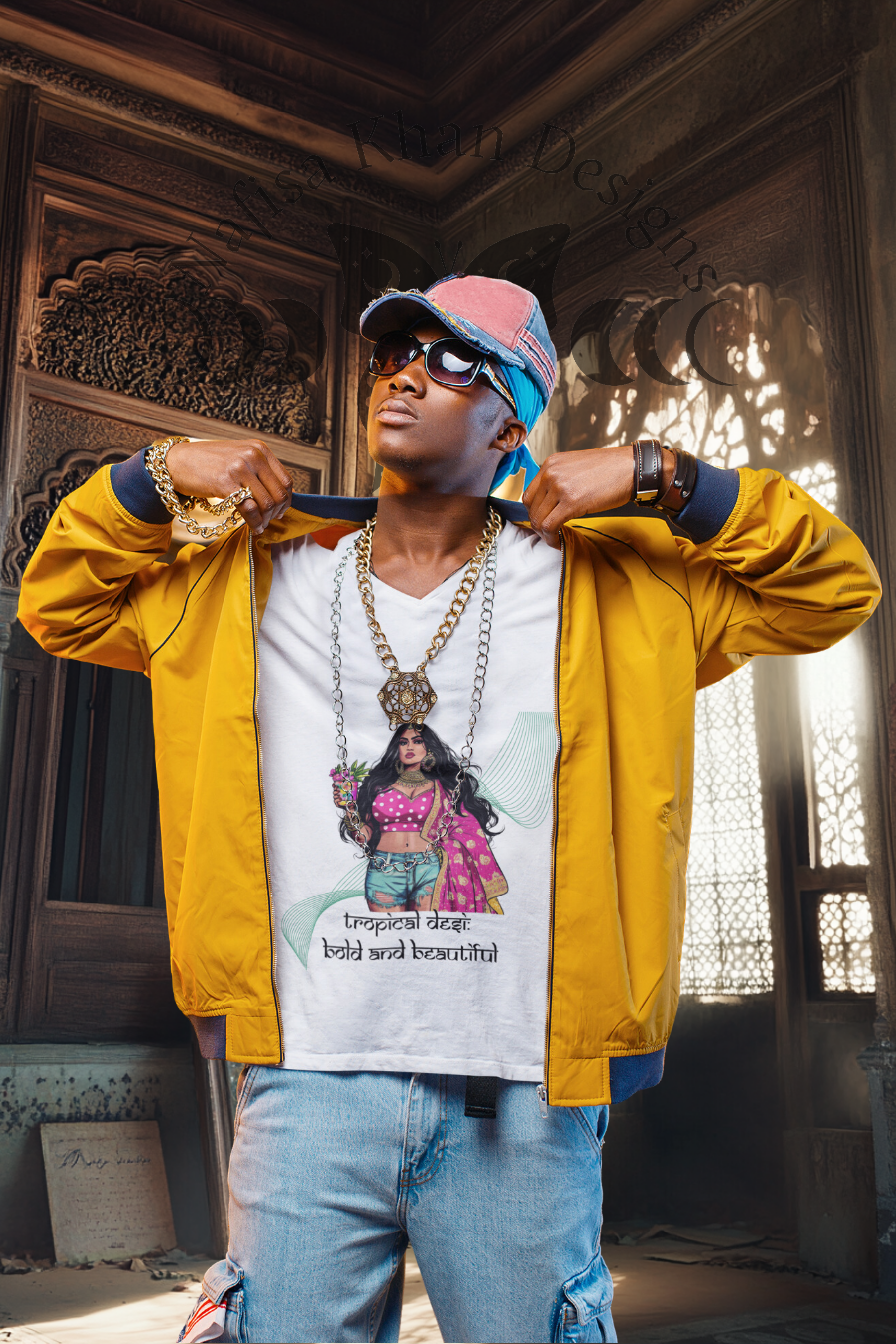 Tropical Desi: Bold and Beautiful V-Neck T-Shirt featuring modern Desi fashion with a fusion of tradition and streetwear style.