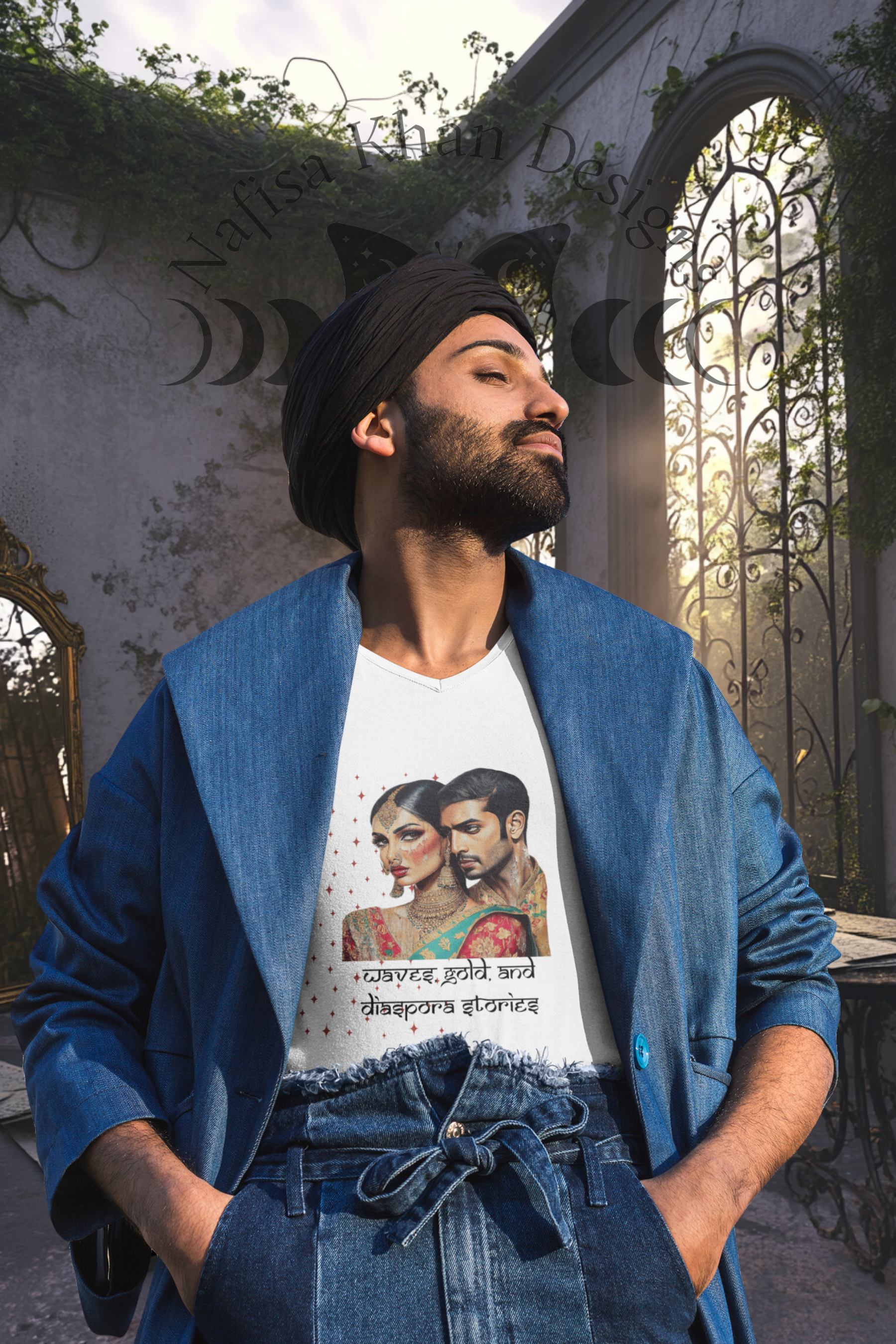 Waves Gold and Diaspora Stories V-Neck T-Shirt featuring modern Desi fashion with a fusion of tradition and streetwear style.