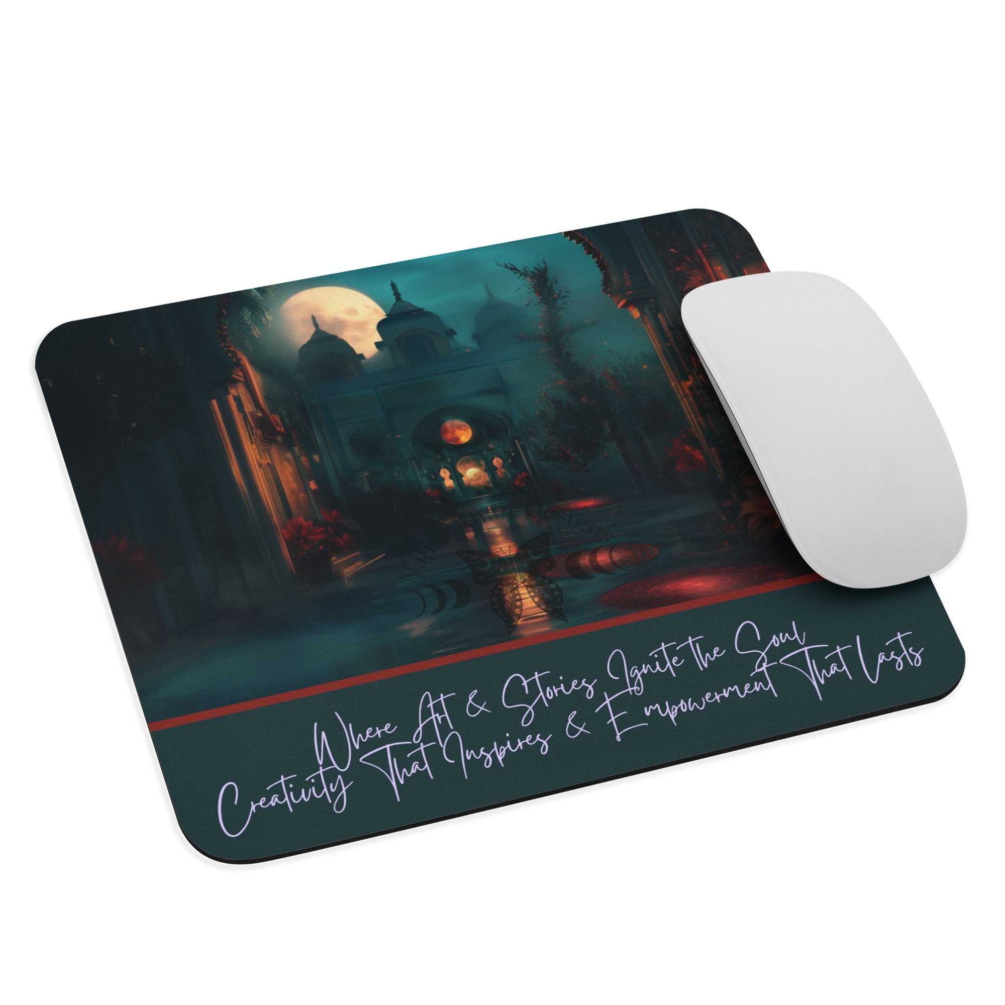 Nafisa Khan Designs - Mystical Moonlit Courtyard Mouse Pad featuring modern Desi fashion with a fusion of tradition and streetwear style.