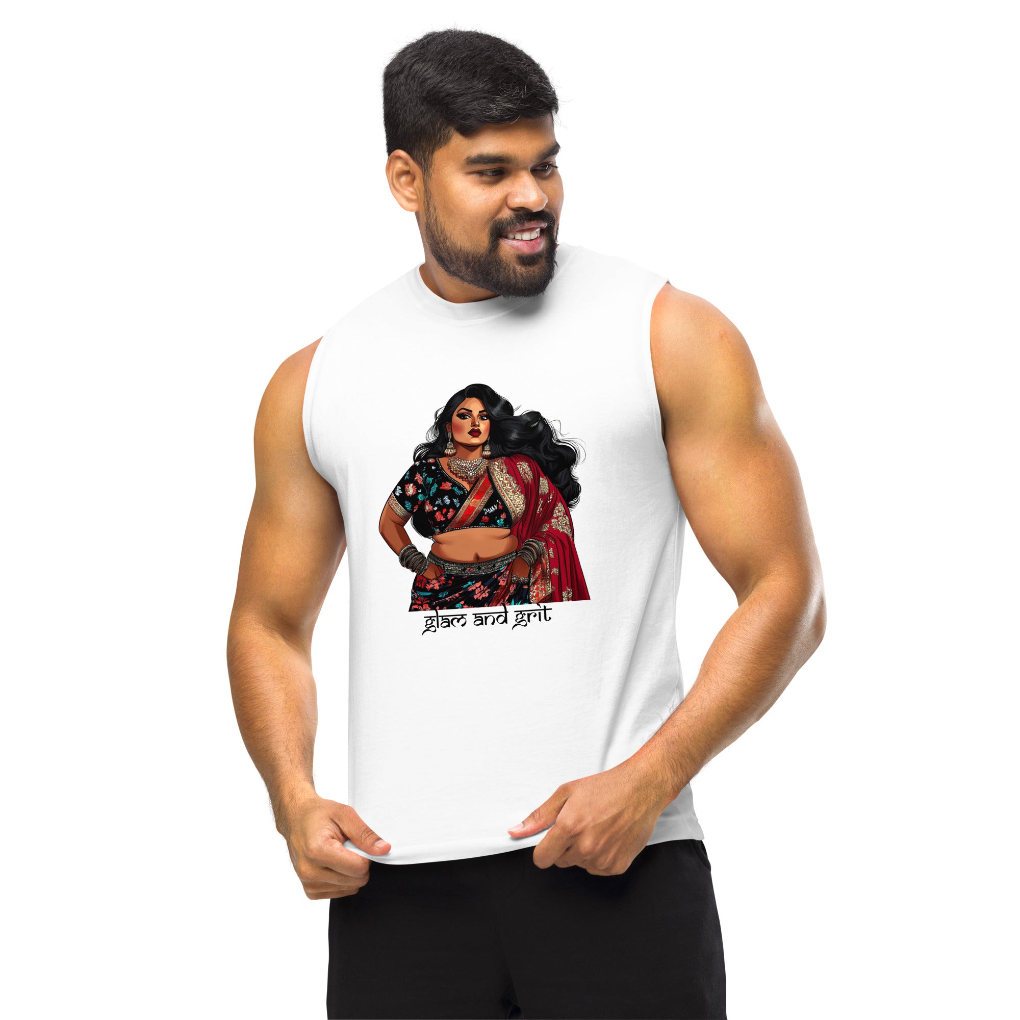 Glam and Grit Sleeveless Muscle Shirt featuring modern Desi fashion with a fusion of tradition and streetwear style.