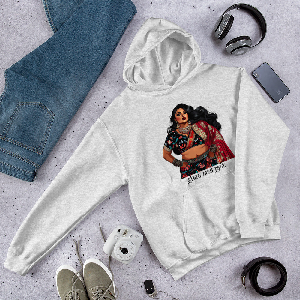 Glam and Grit Pullover Hoodie featuring modern Desi fashion with a fusion of tradition and streetwear style.