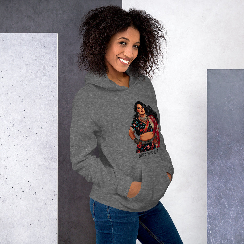 Glam and Grit Pullover Hoodie featuring modern Desi fashion with a fusion of tradition and streetwear style.