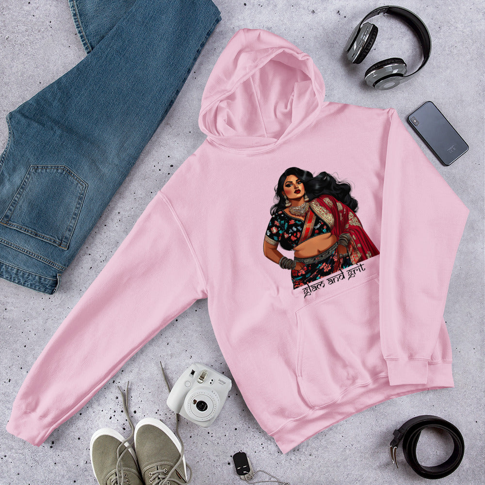 Glam and Grit Pullover Hoodie featuring modern Desi fashion with a fusion of tradition and streetwear style.
