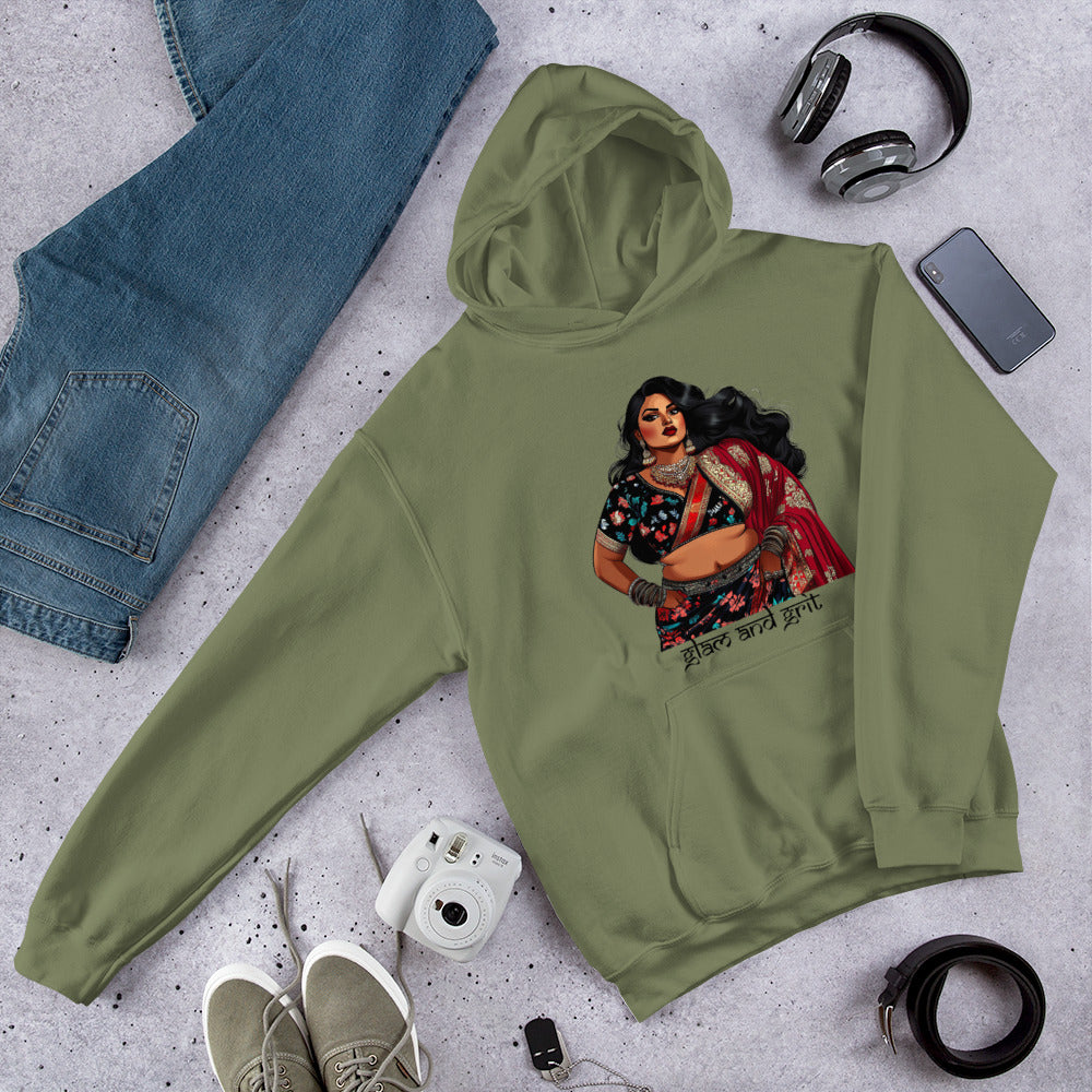Glam and Grit Pullover Hoodie featuring modern Desi fashion with a fusion of tradition and streetwear style.