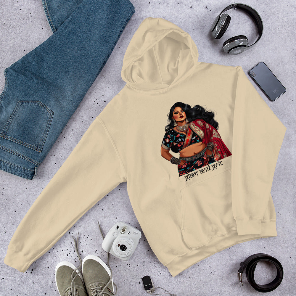 Glam and Grit Pullover Hoodie featuring modern Desi fashion with a fusion of tradition and streetwear style.