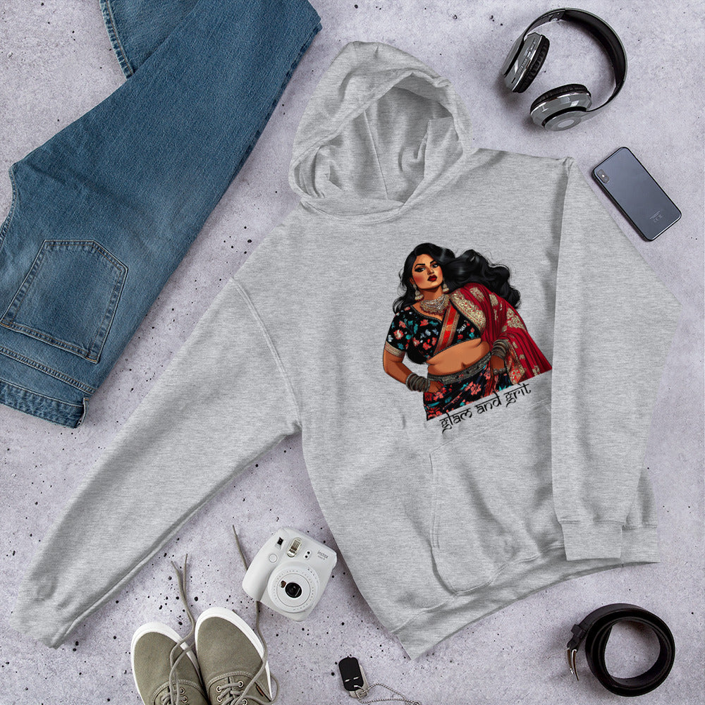 Glam and Grit Pullover Hoodie featuring modern Desi fashion with a fusion of tradition and streetwear style.