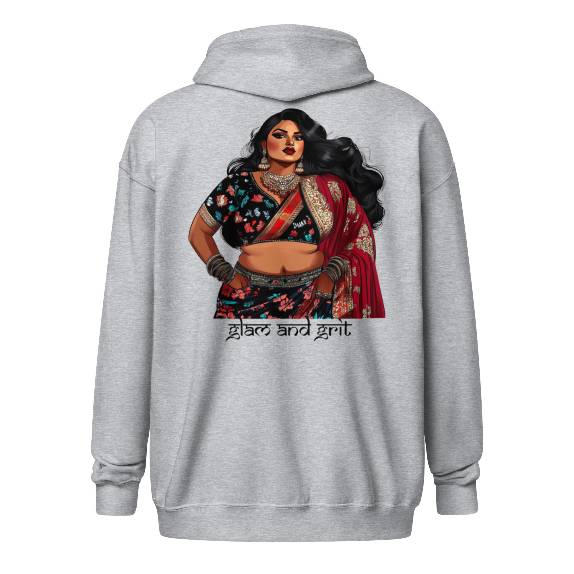 Glam and Grit Zip-Up Hoodie featuring modern Desi fashion with a fusion of tradition and streetwear style.