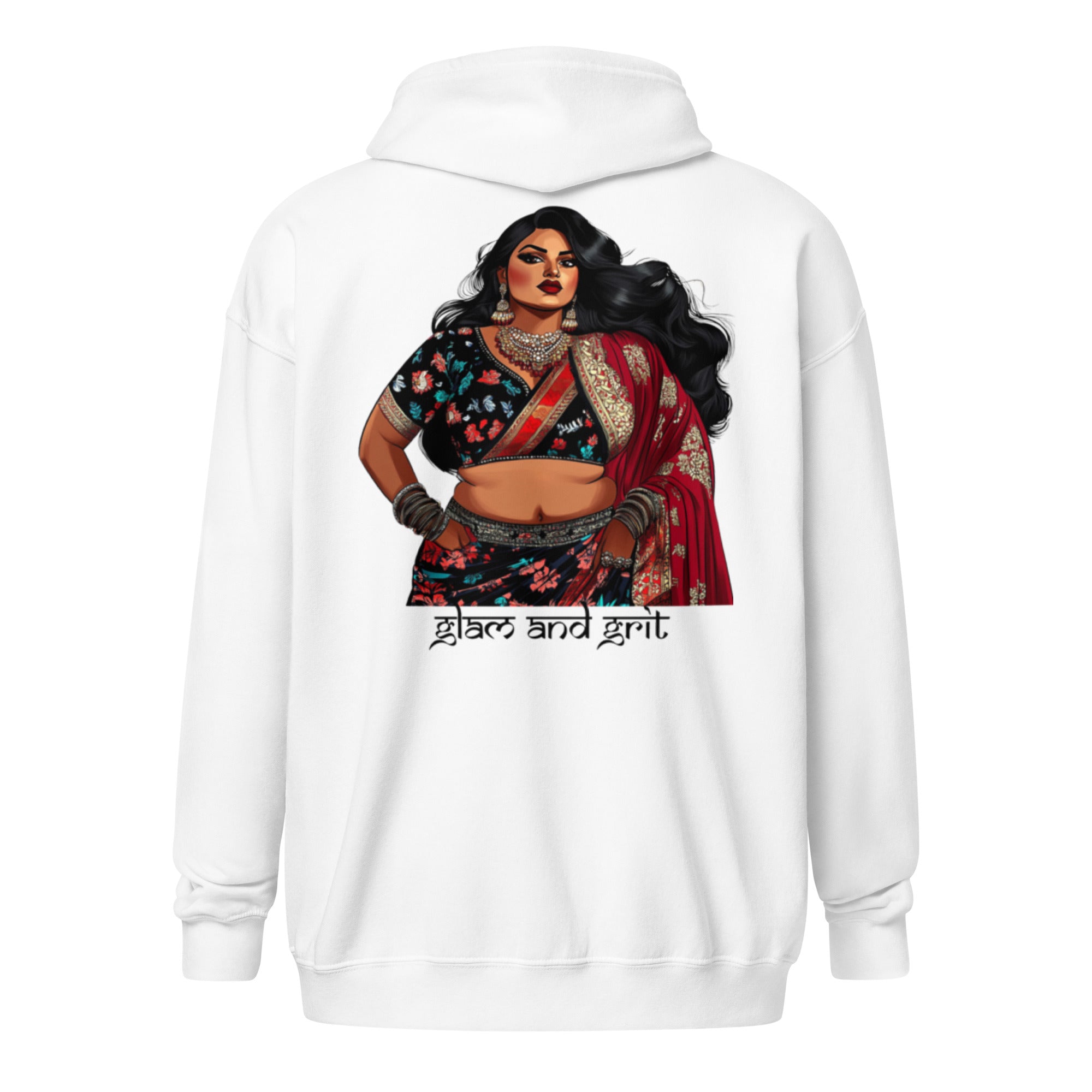 Glam and Grit Zip-Up Hoodie featuring modern Desi fashion with a fusion of tradition and streetwear style.