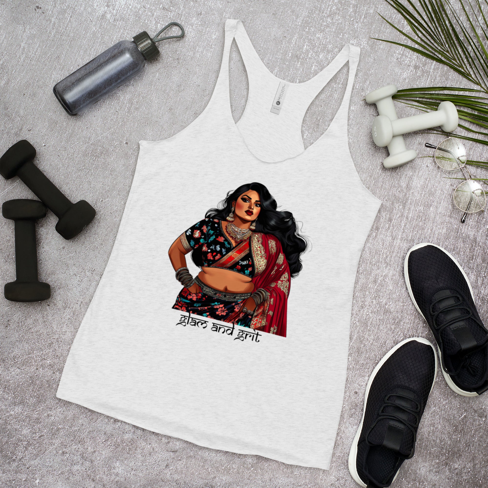 Glam and Grit Racerback Tank – Empowering Women's Activewear with Bold Design.