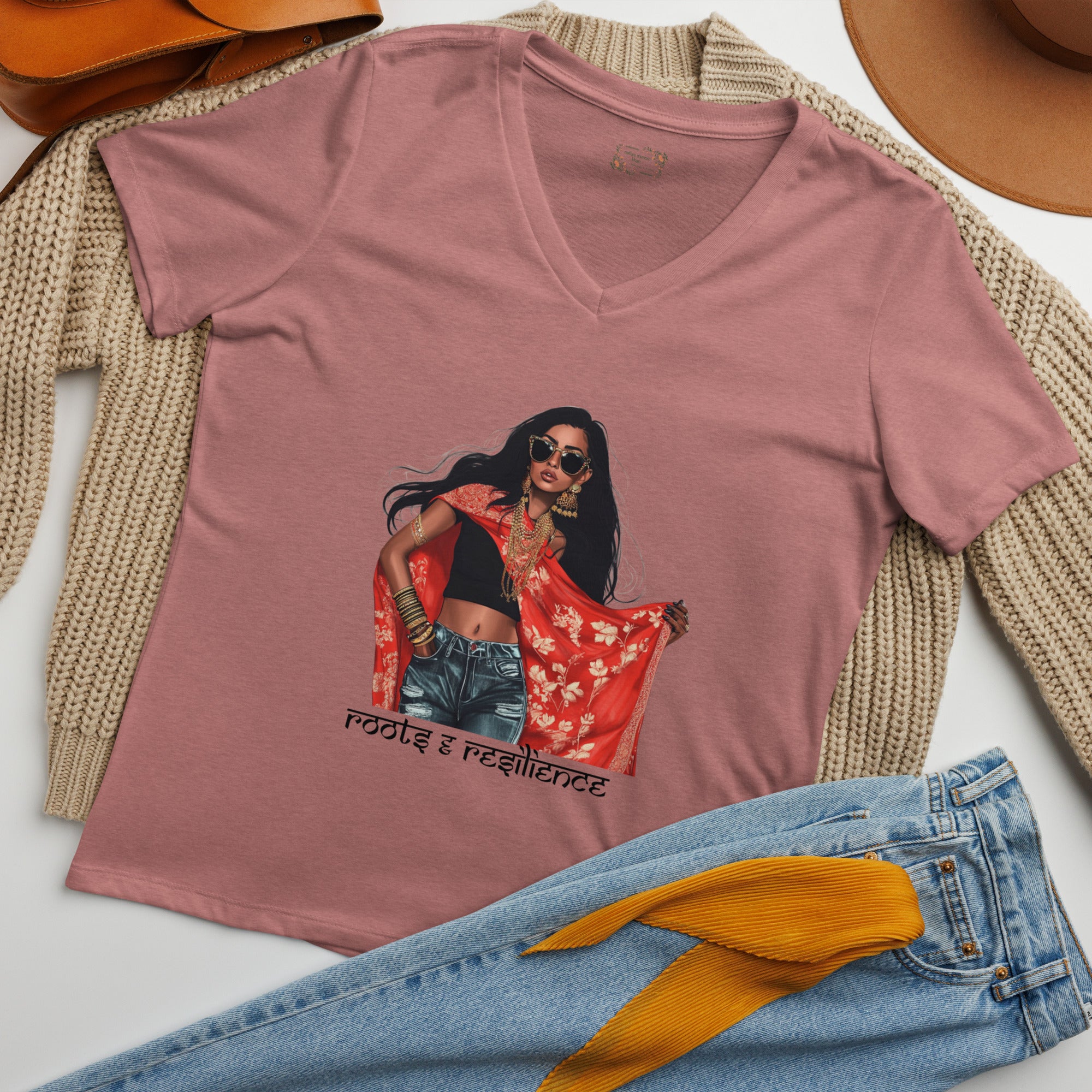 Roots and Resilience V-Neck T-Shirt featuring modern Desi fashion with a fusion of tradition and streetwear style.