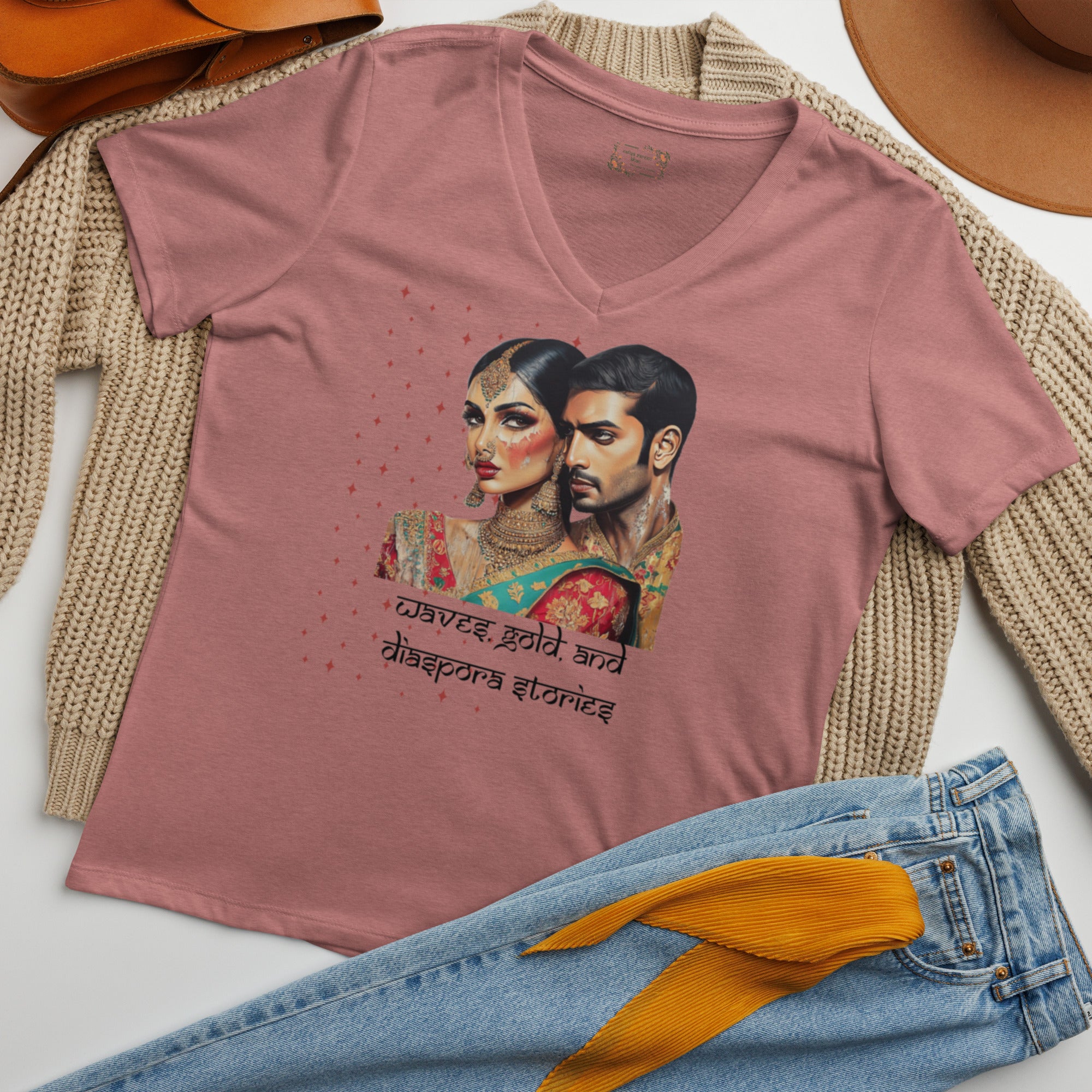 Waves Gold and Diaspora Stories V-Neck T-Shirt featuring modern Desi fashion with a fusion of tradition and streetwear style.