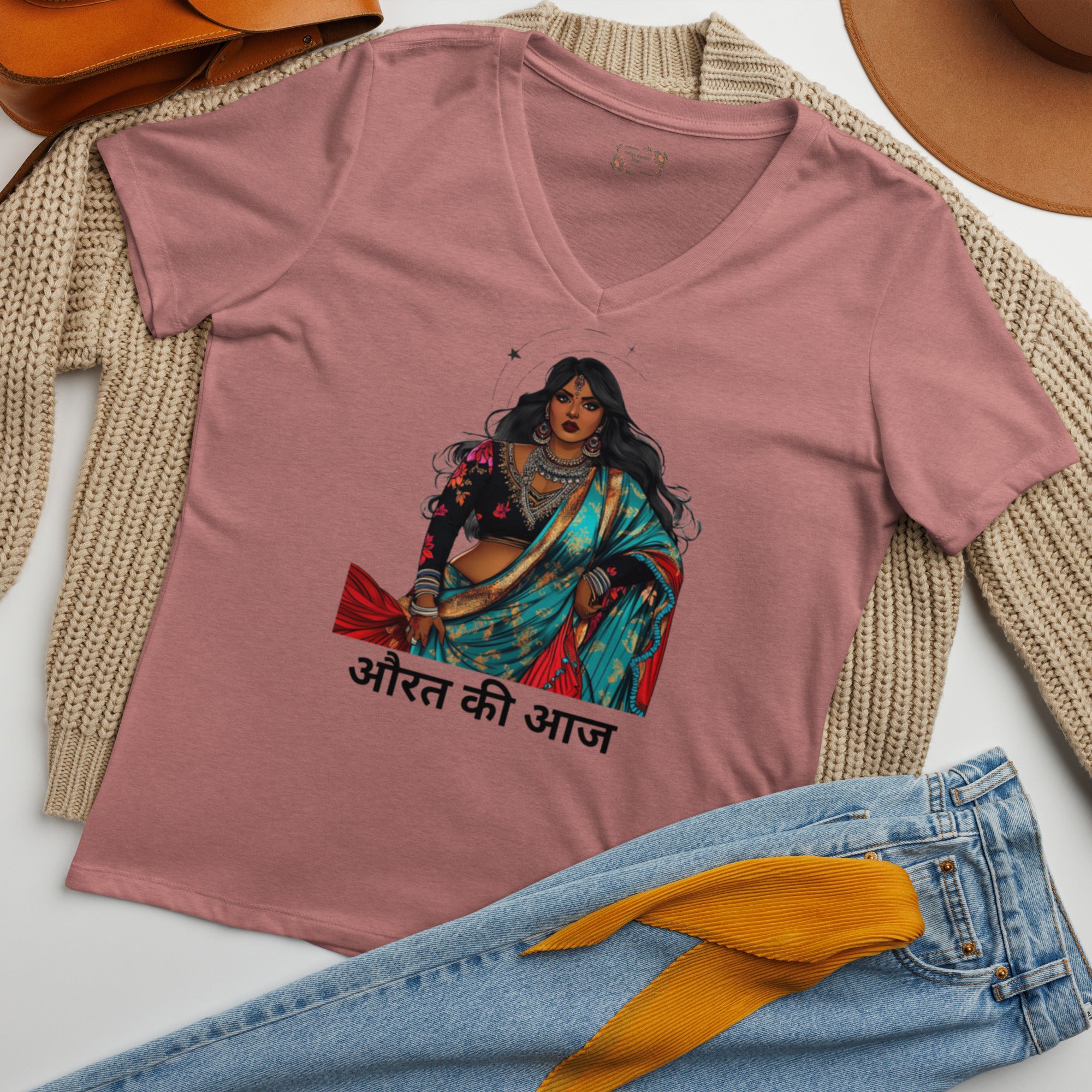 Celebrate strength, resilience, and modern femininity with the औरत की आज (Aaj Ki Aurat - Today's Woman) V-Neck T-Shirt.