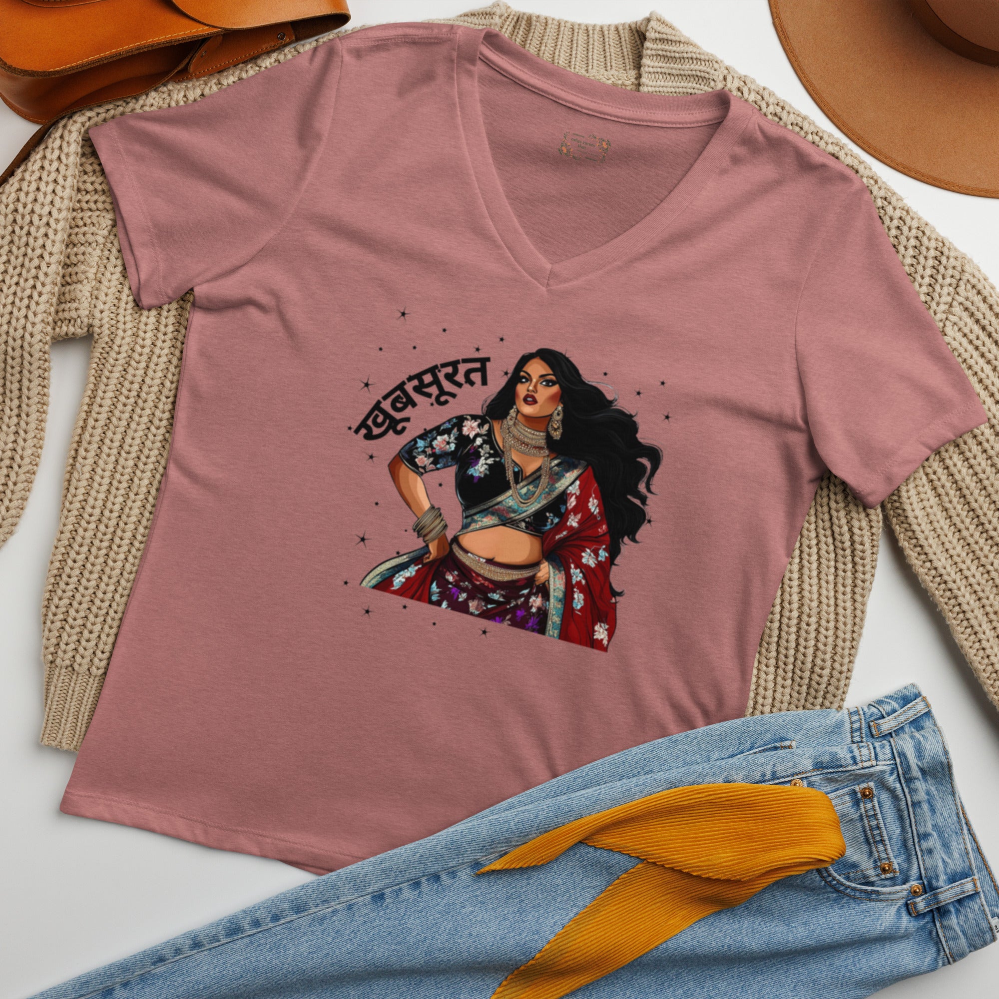 Khubsurat Beautiful V-Neck T-Shirt featuring modern Desi fashion with a fusion of tradition and streetwear style.