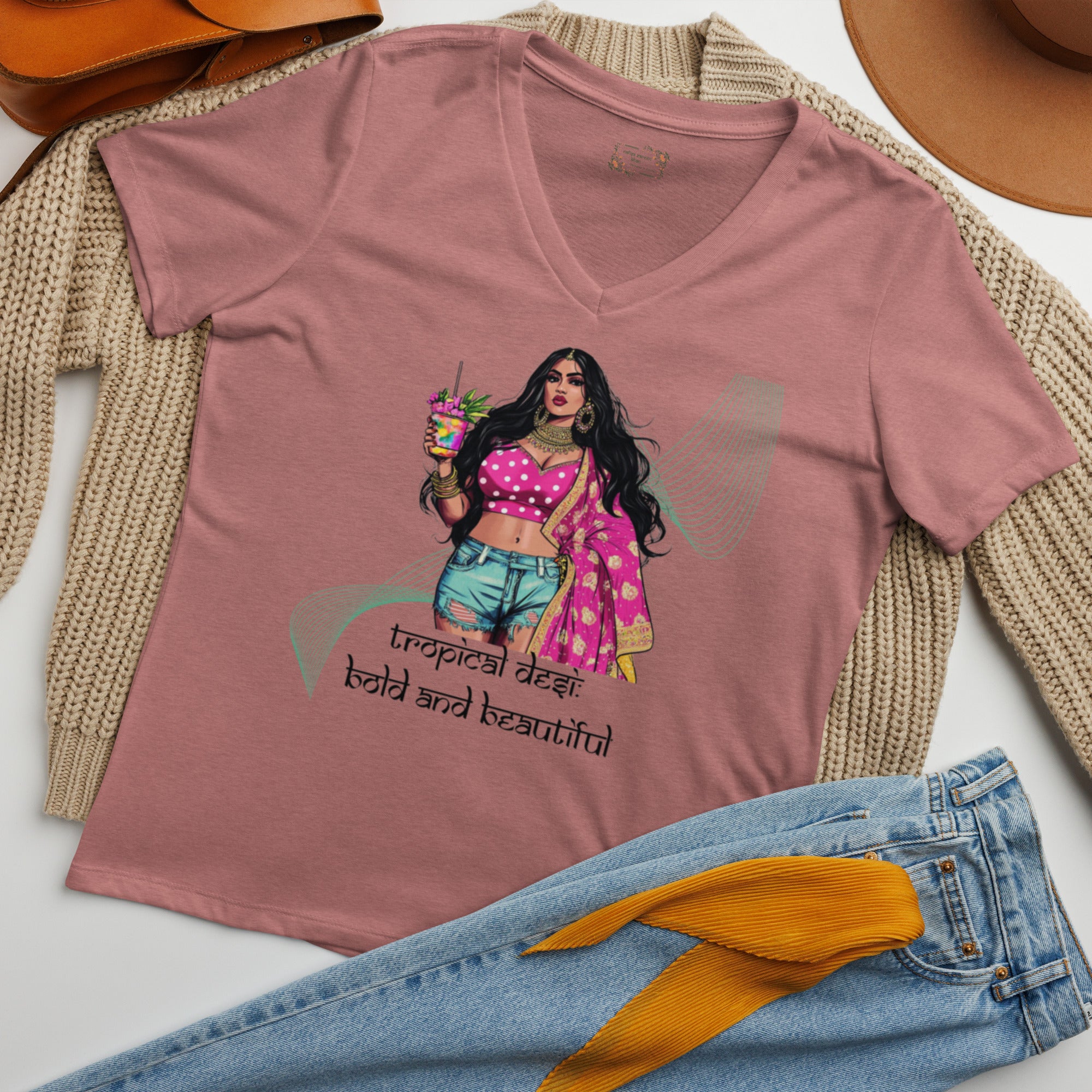 Tropical Desi: Bold and Beautiful V-Neck T-Shirt featuring modern Desi fashion with a fusion of tradition and streetwear style.