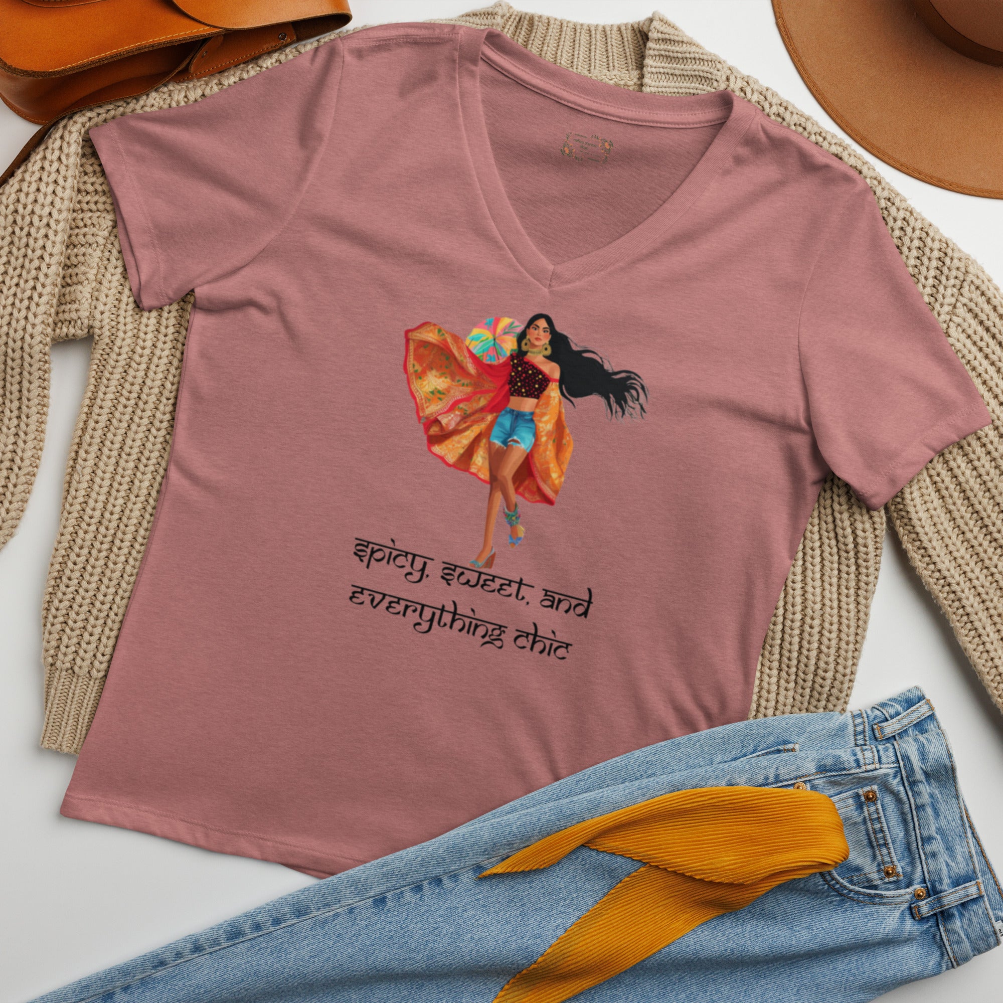 Spicy, Sweet & Everything Chic V-Neck T-Shirt – Own Your Confidence featuring modern Desi fashion with a fusion of tradition and streetwear style.