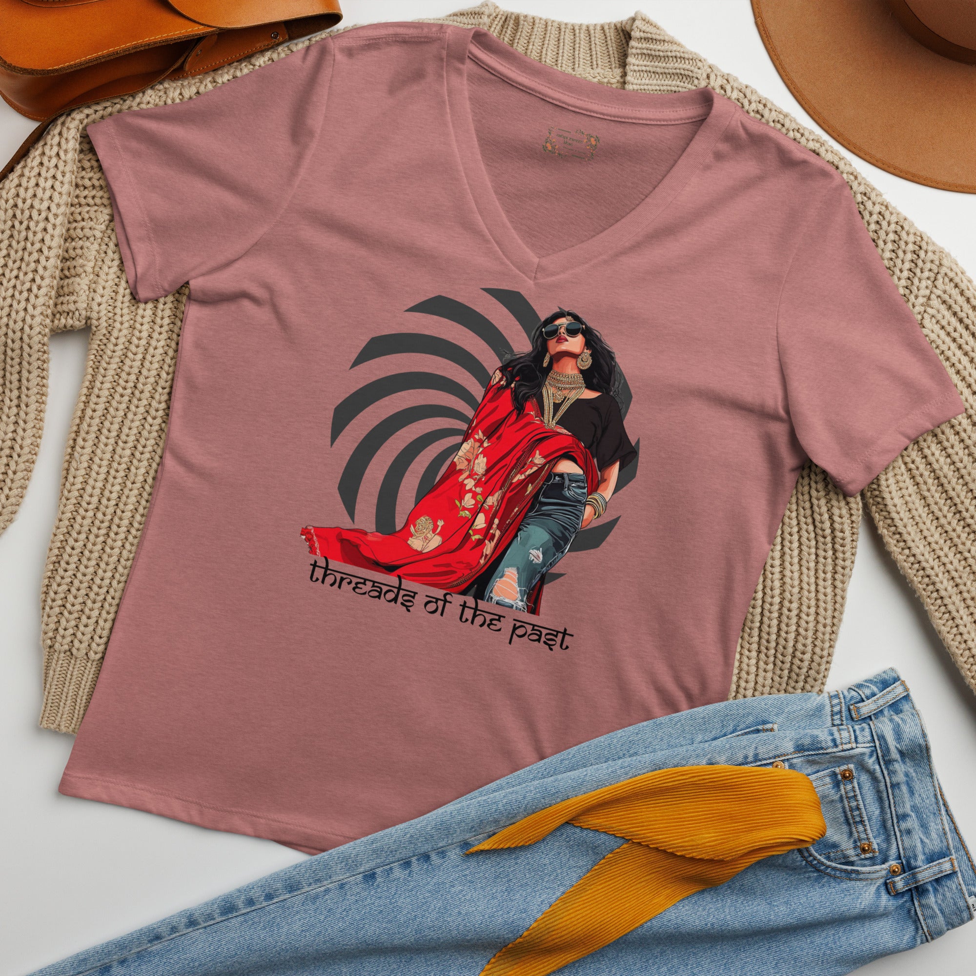 Threads of the Past V-Neck T-Shirt – Where Tradition Meets Modern Edge featuring modern Desi fashion with a fusion of tradition and streetwear style.