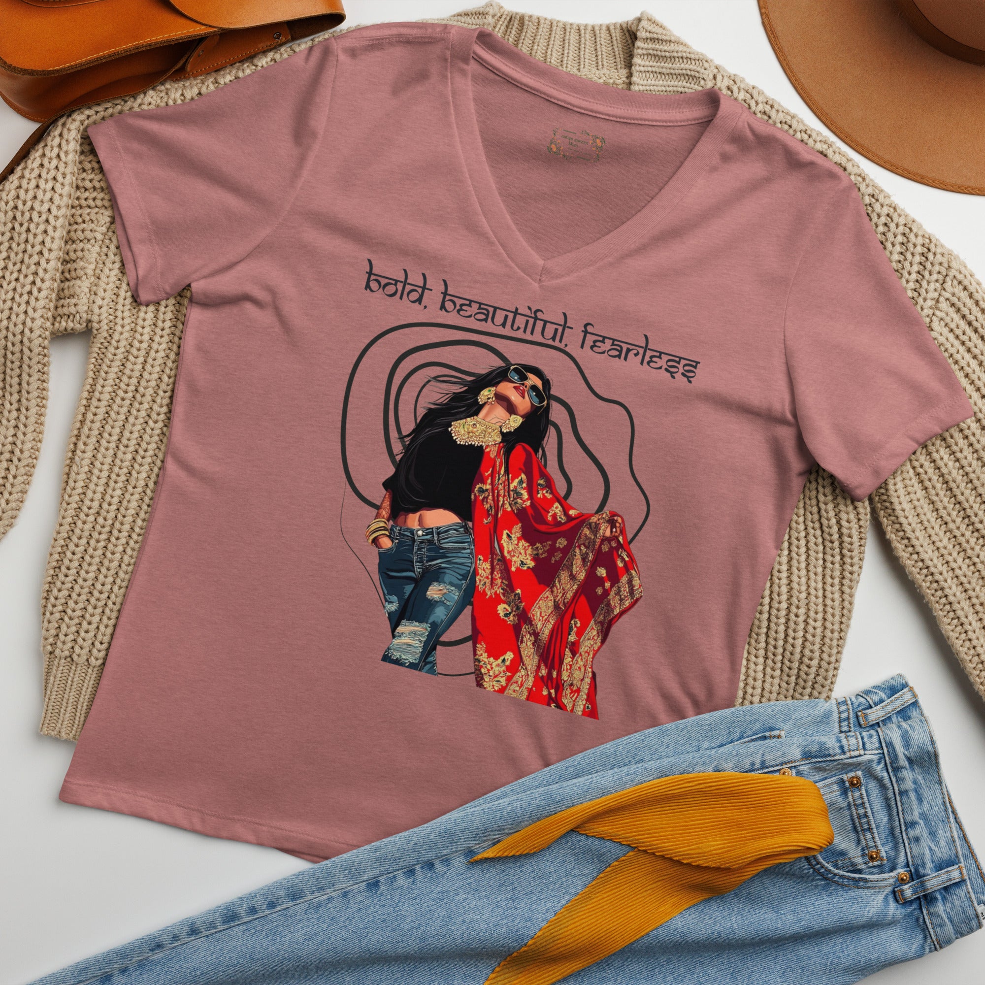 Bold, Beautiful, Fearless V-Neck T-Shirt – Wear Your Confidence featuring modern Desi fashion with a fusion of tradition and streetwear style.