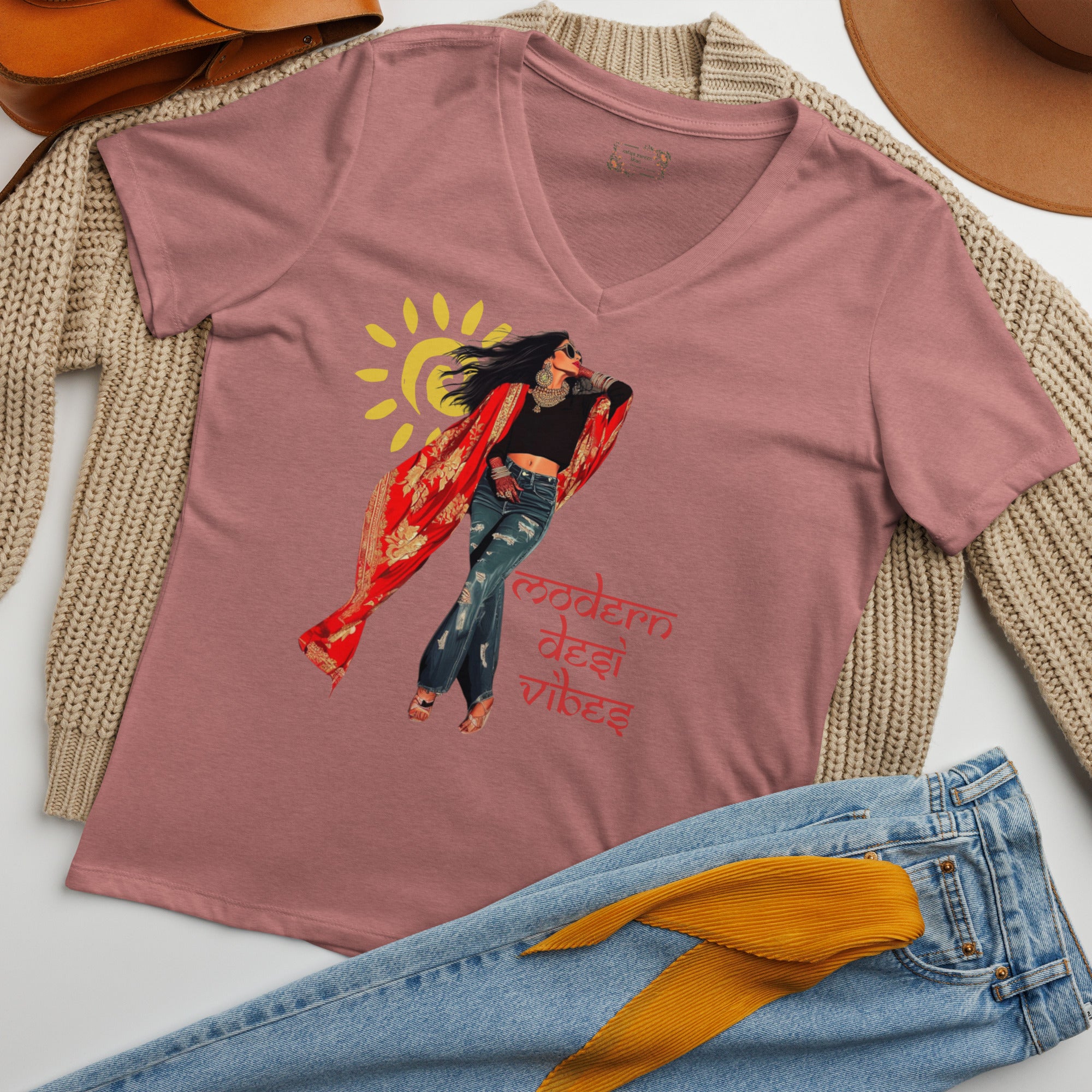 Desi Diva Energy V-Neck T-Shirt – Bold, Fearless & Culturally Empowered featuring modern Desi fashion with a fusion of tradition and streetwear style.