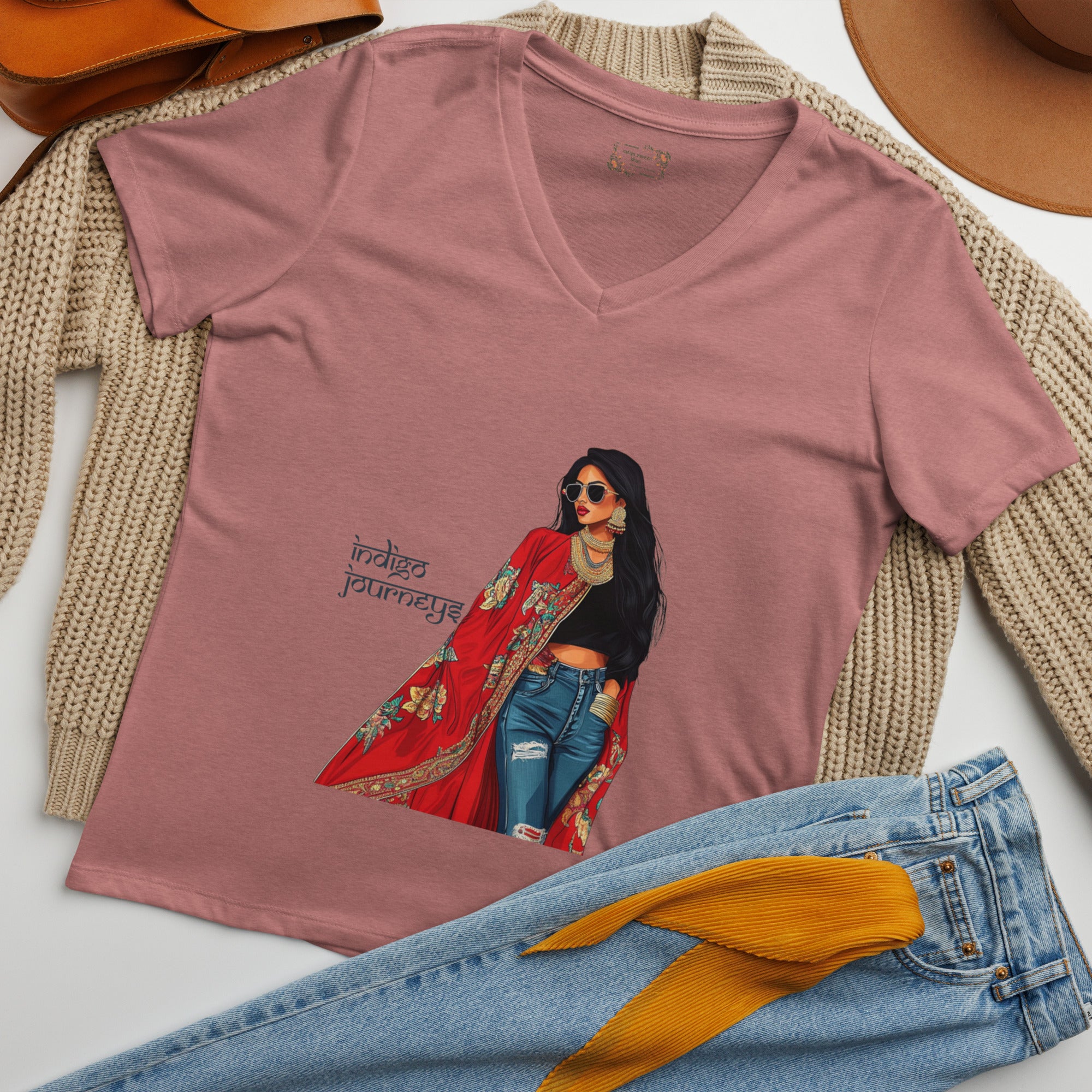 Indigo Journeys V-Neck T-Shirt – A Tribute to Resilience & Heritage featuring modern Desi fashion with a fusion of tradition and streetwear style.