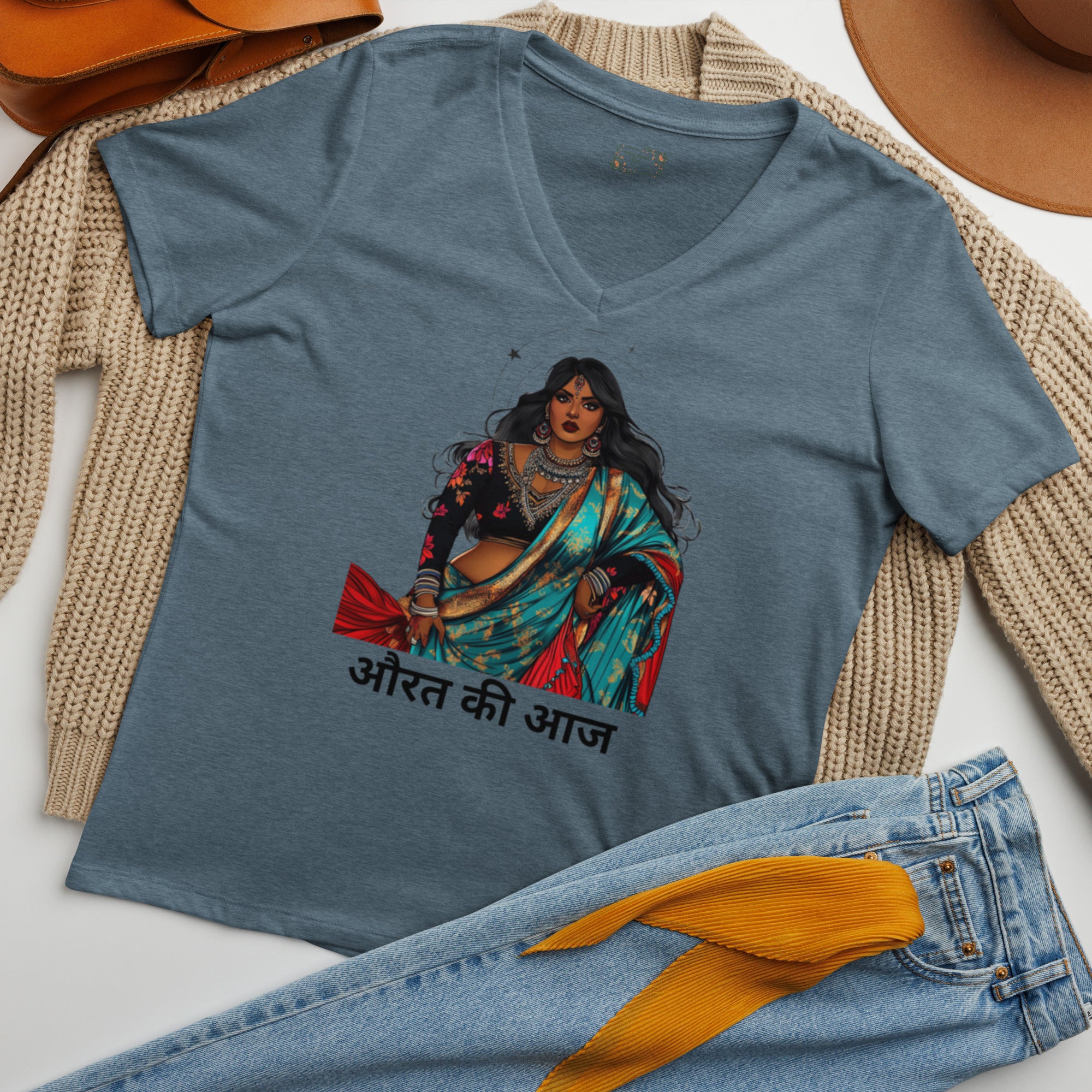 Celebrate strength, resilience, and modern femininity with the औरत की आज (Aaj Ki Aurat - Today's Woman) V-Neck T-Shirt.