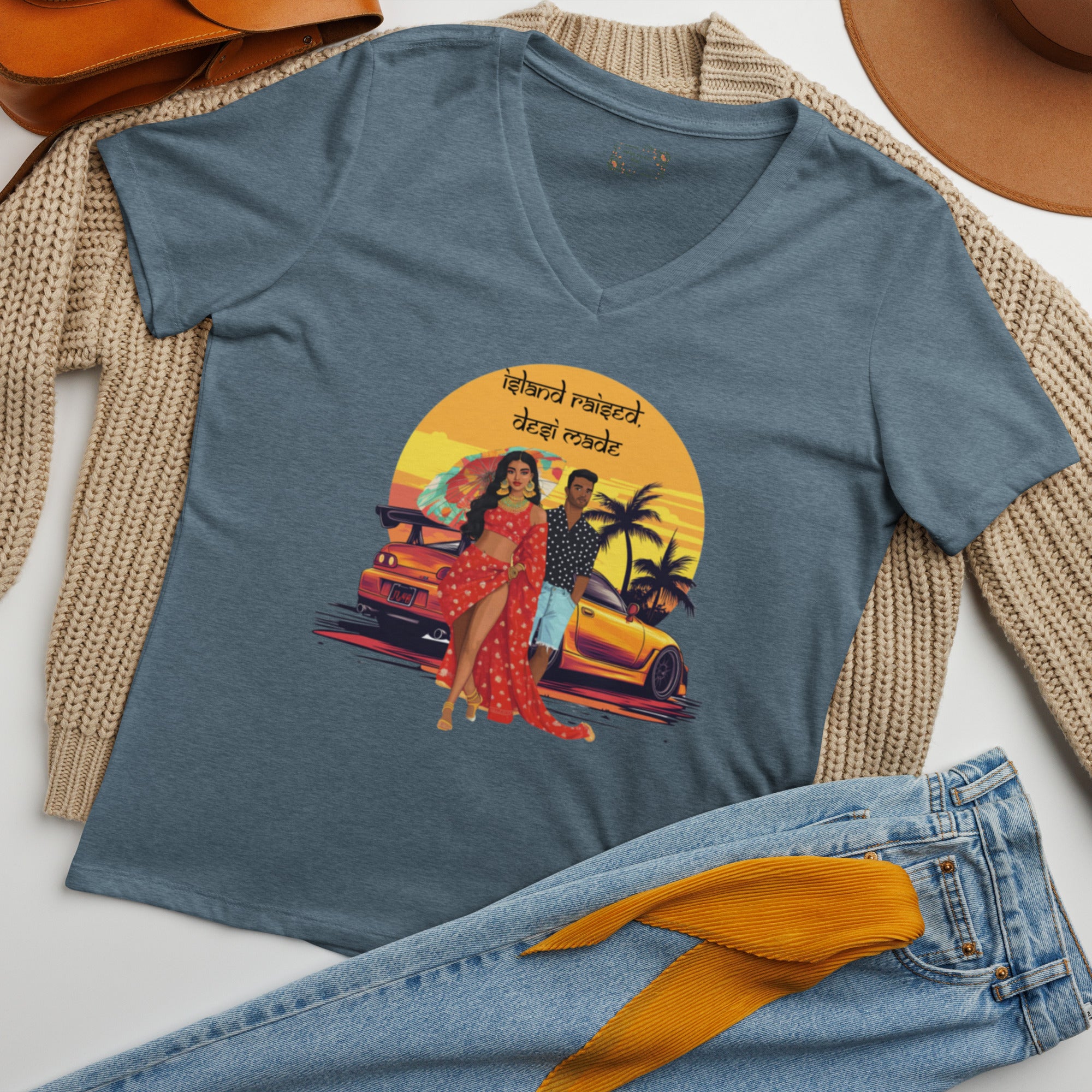 Island Raised, Desi Made V-Neck T-Shirt – Where Culture Meets Cool featuring modern Desi fashion with a fusion of tradition and streetwear style.
