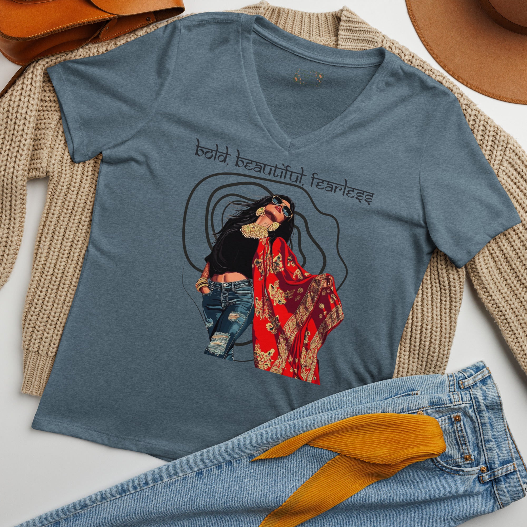Bold, Beautiful, Fearless V-Neck T-Shirt – Wear Your Confidence featuring modern Desi fashion with a fusion of tradition and streetwear style.