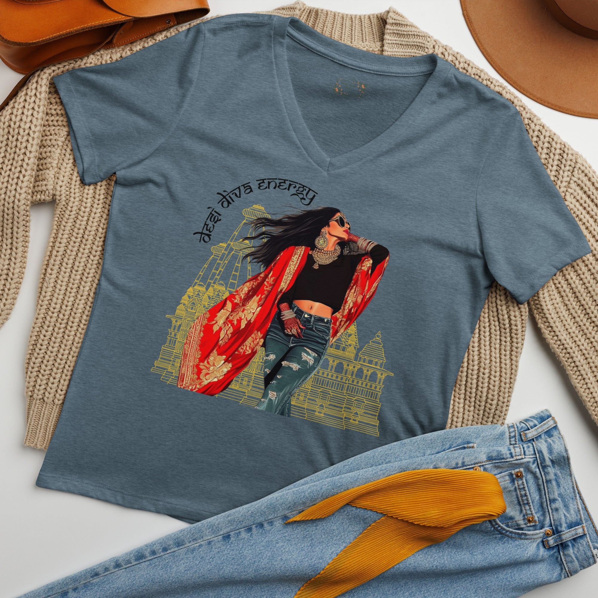 Modern Desi Vibes V-Neck T-Shirt – Where Heritage Meets Modern Style featuring modern Desi fashion with a fusion of tradition and streetwear style.