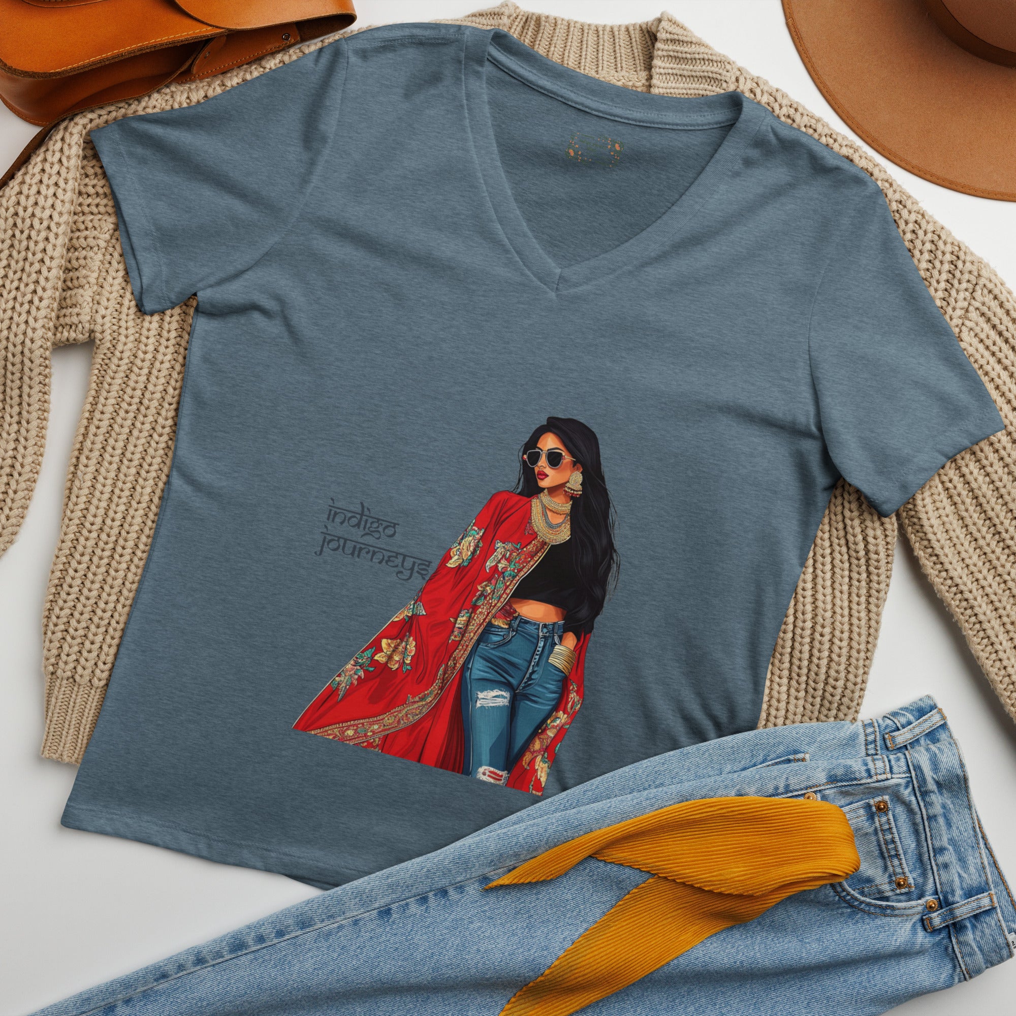 Indigo Journeys V-Neck T-Shirt – A Tribute to Resilience & Heritage featuring modern Desi fashion with a fusion of tradition and streetwear style.