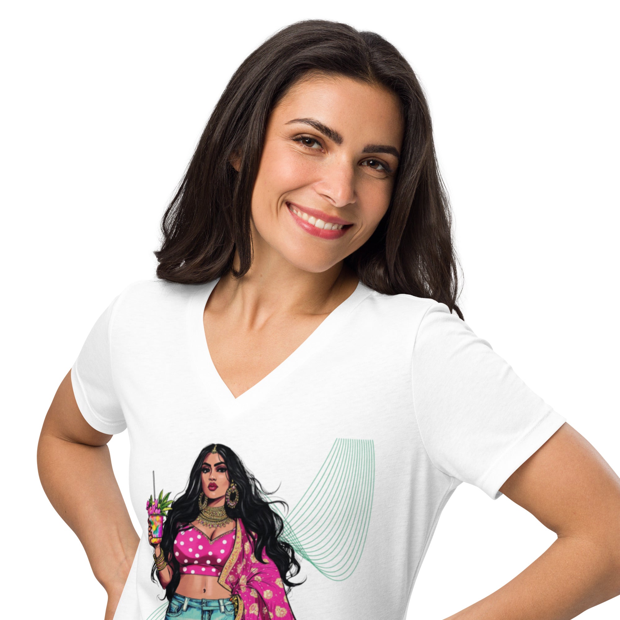Tropical Desi: Bold and Beautiful V-Neck T-Shirt featuring modern Desi fashion with a fusion of tradition and streetwear style.