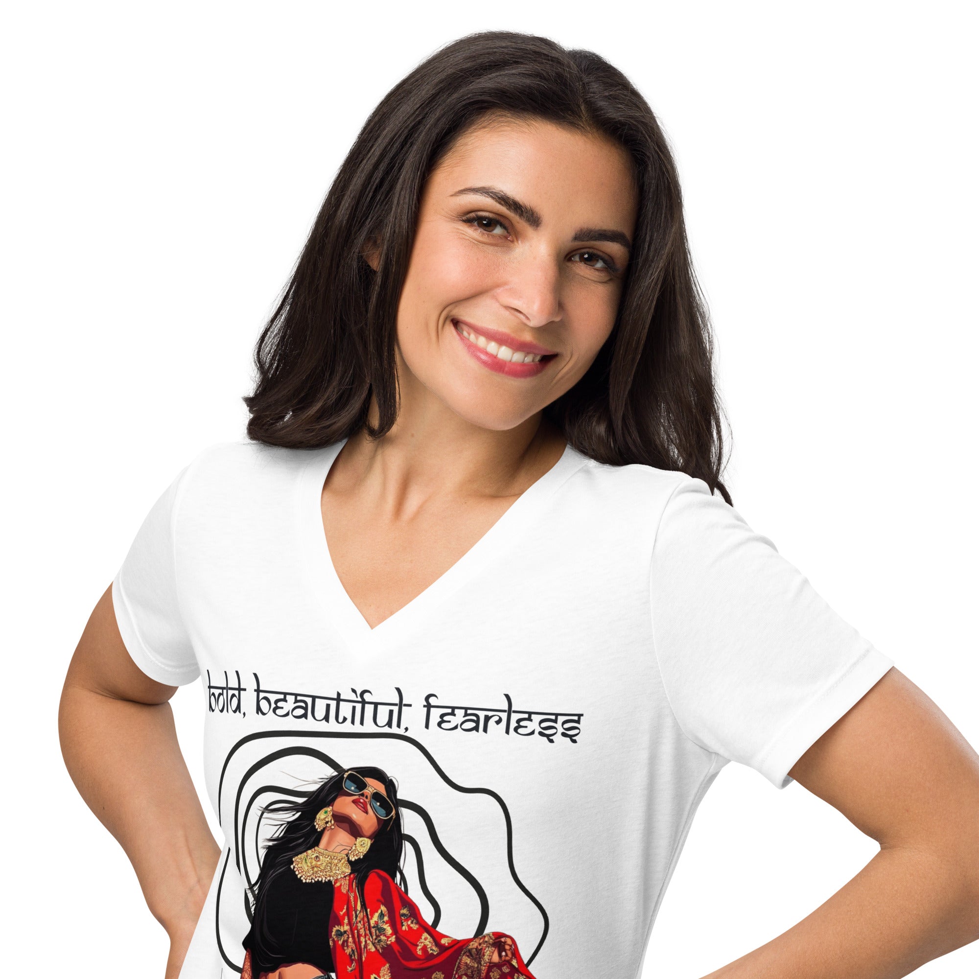 Bold, Beautiful, Fearless V-Neck T-Shirt – Wear Your Confidence featuring modern Desi fashion with a fusion of tradition and streetwear style.